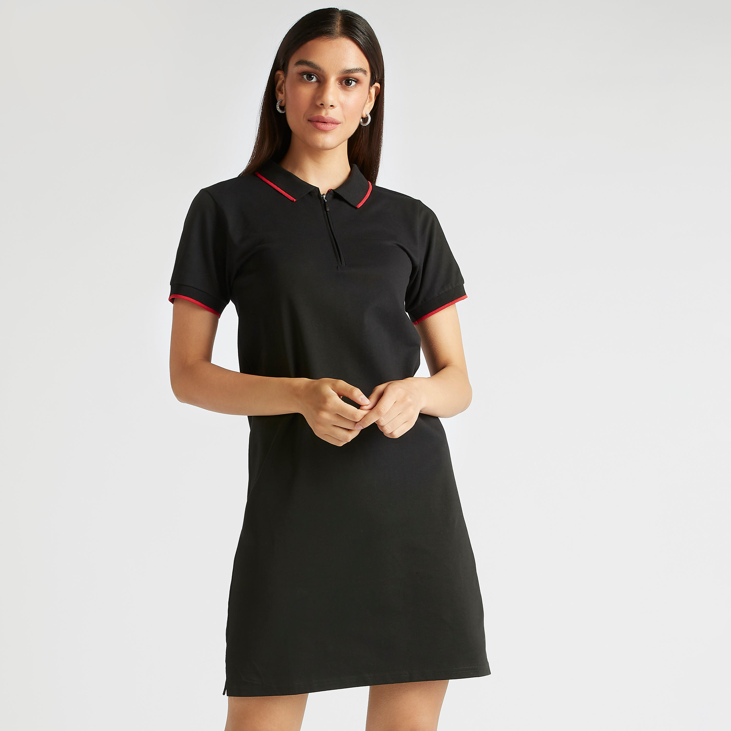 فستان تيشيرت بولو سادة بسحّاب إغلاق وأكمام قصيرة-women-clothing-dresses-image-2
