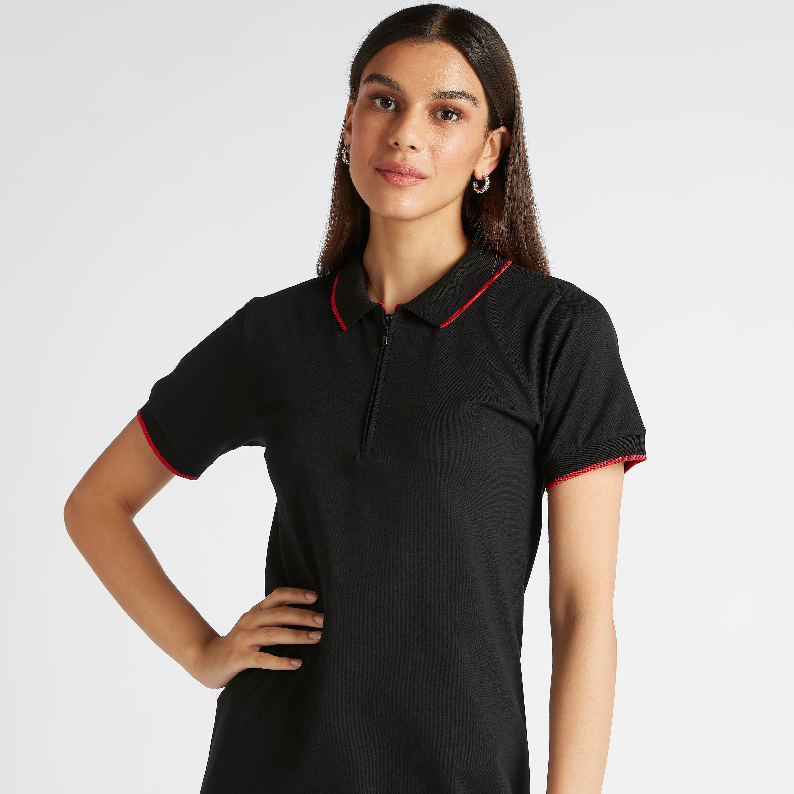 فستان تيشيرت بولو سادة بسحّاب إغلاق وأكمام قصيرة-women-clothing-dresses-image-3