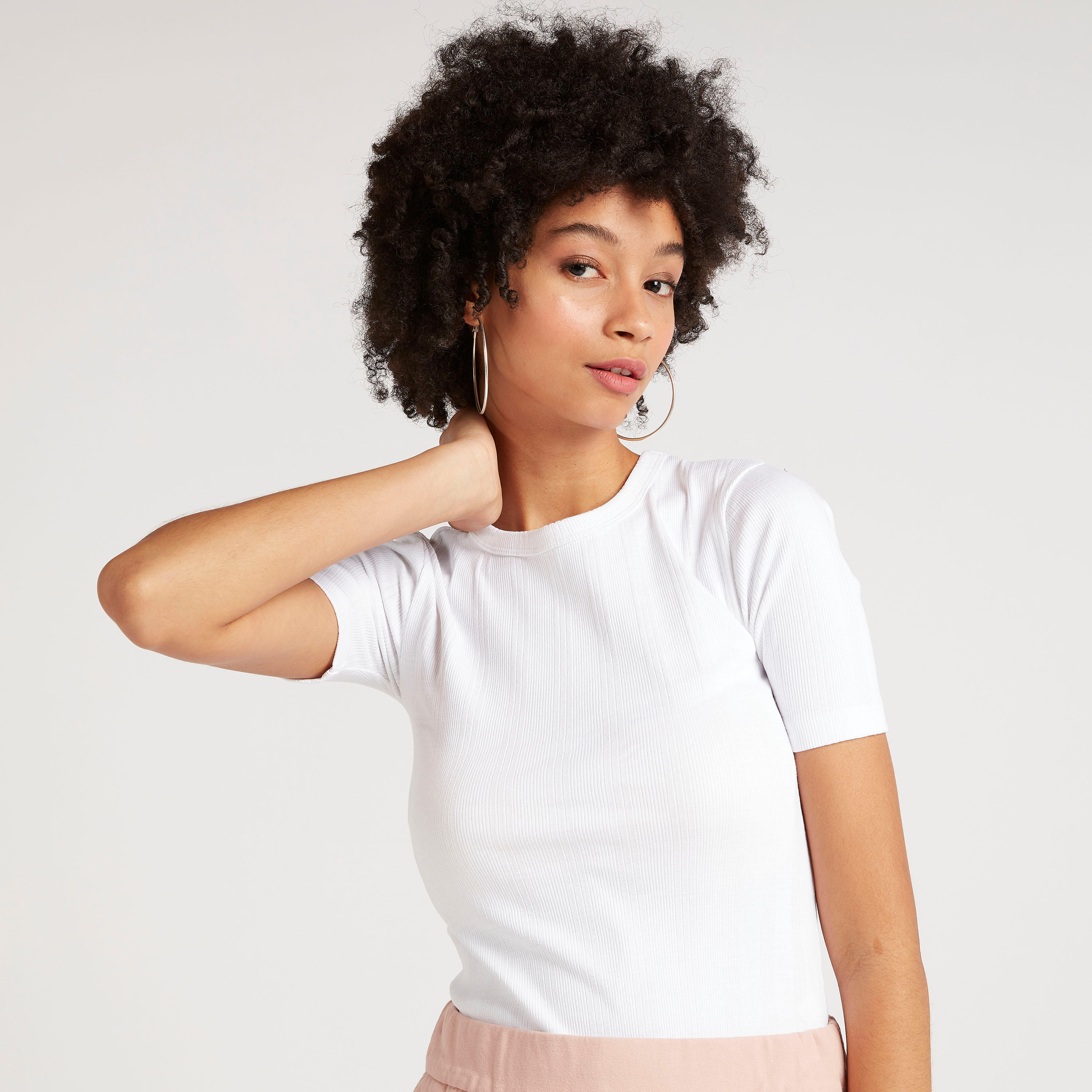 Textured Slim Fit Crew Neck T-shirt with Short Sleeves-women-clothing-tshirts-image-1