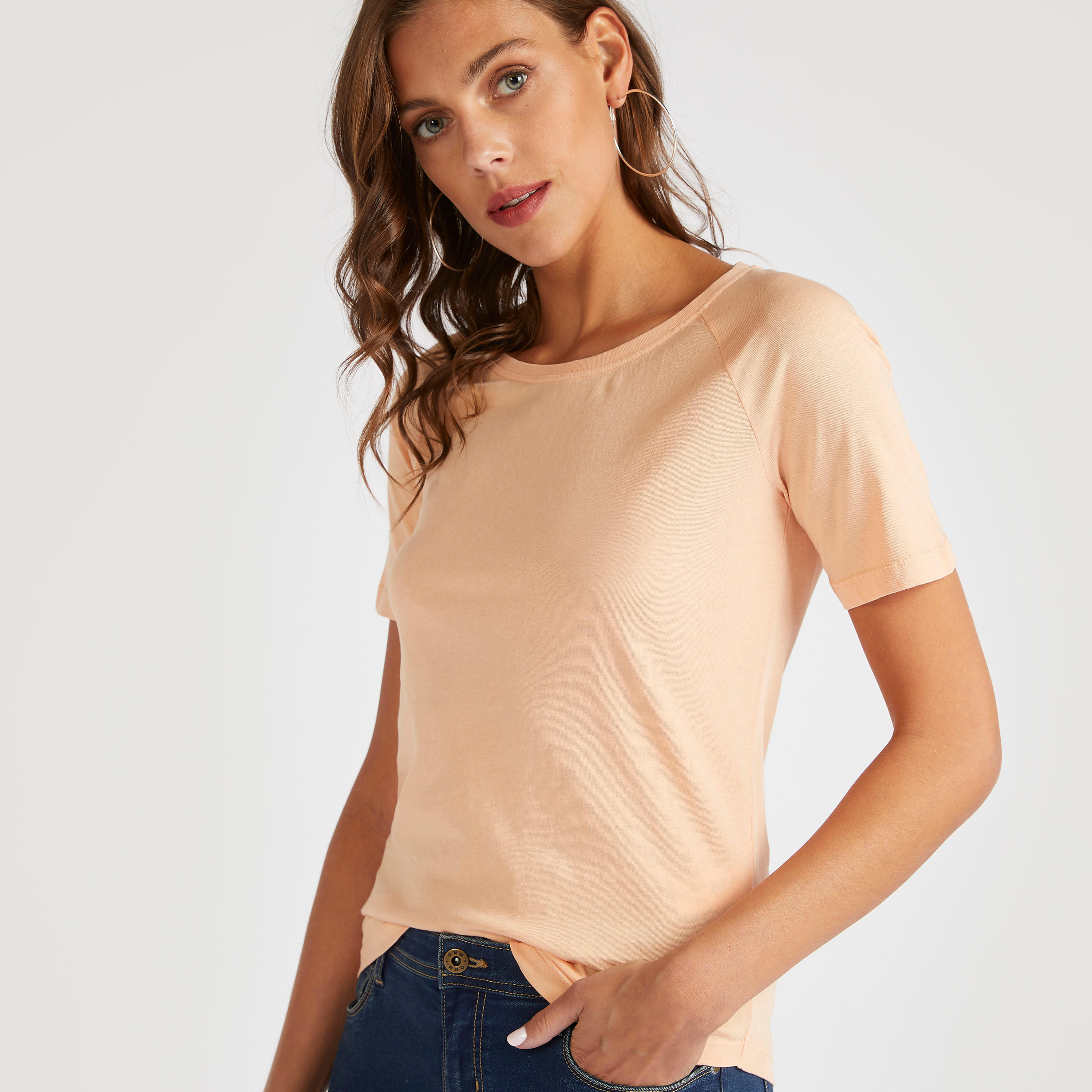Solid T-shirt with Round Neck and Short Sleeves-women-clothing-tshirts-image-3