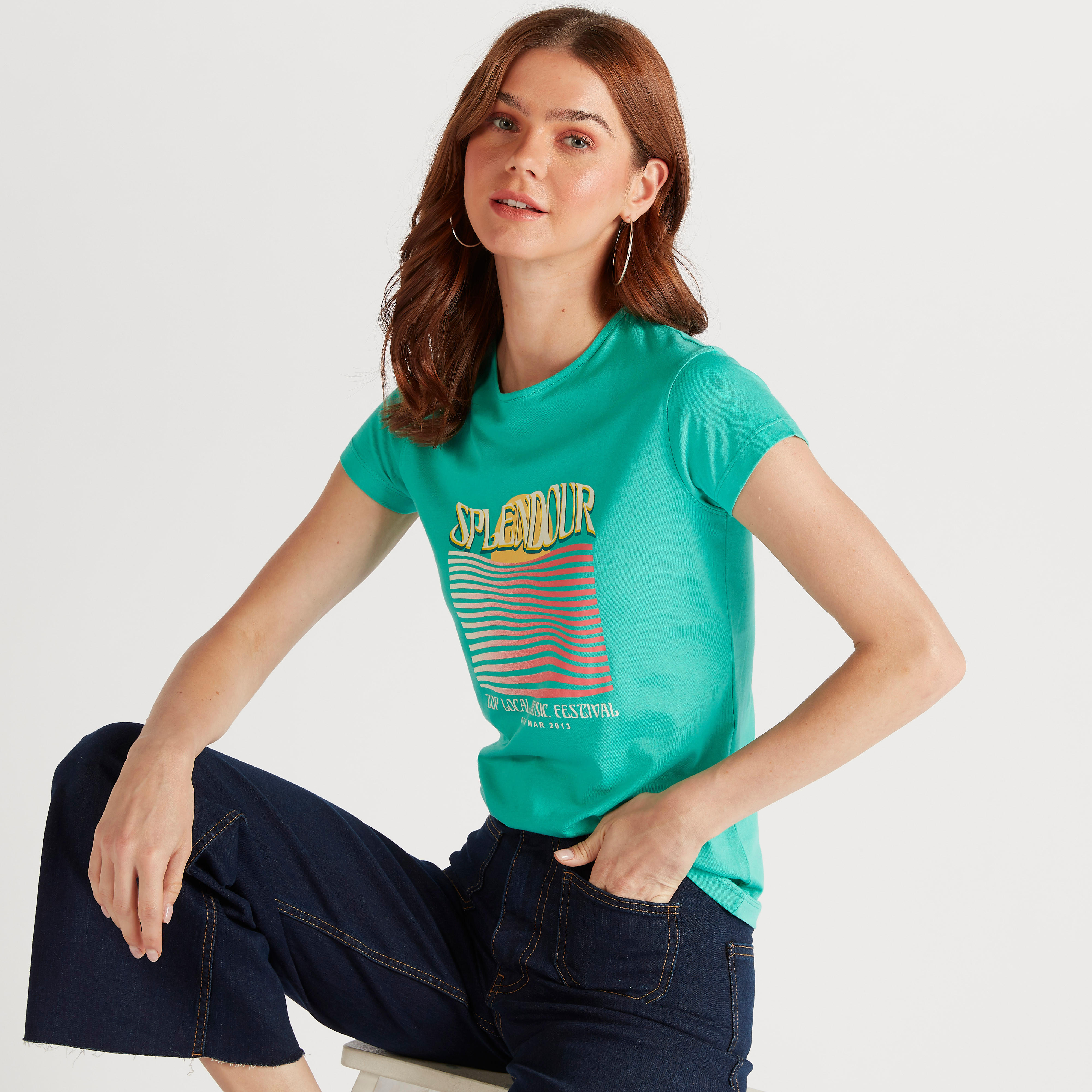 Graphic Print T-shirt with Crew Neck and Cap Sleeves-women-clothing-tshirts-image-1
