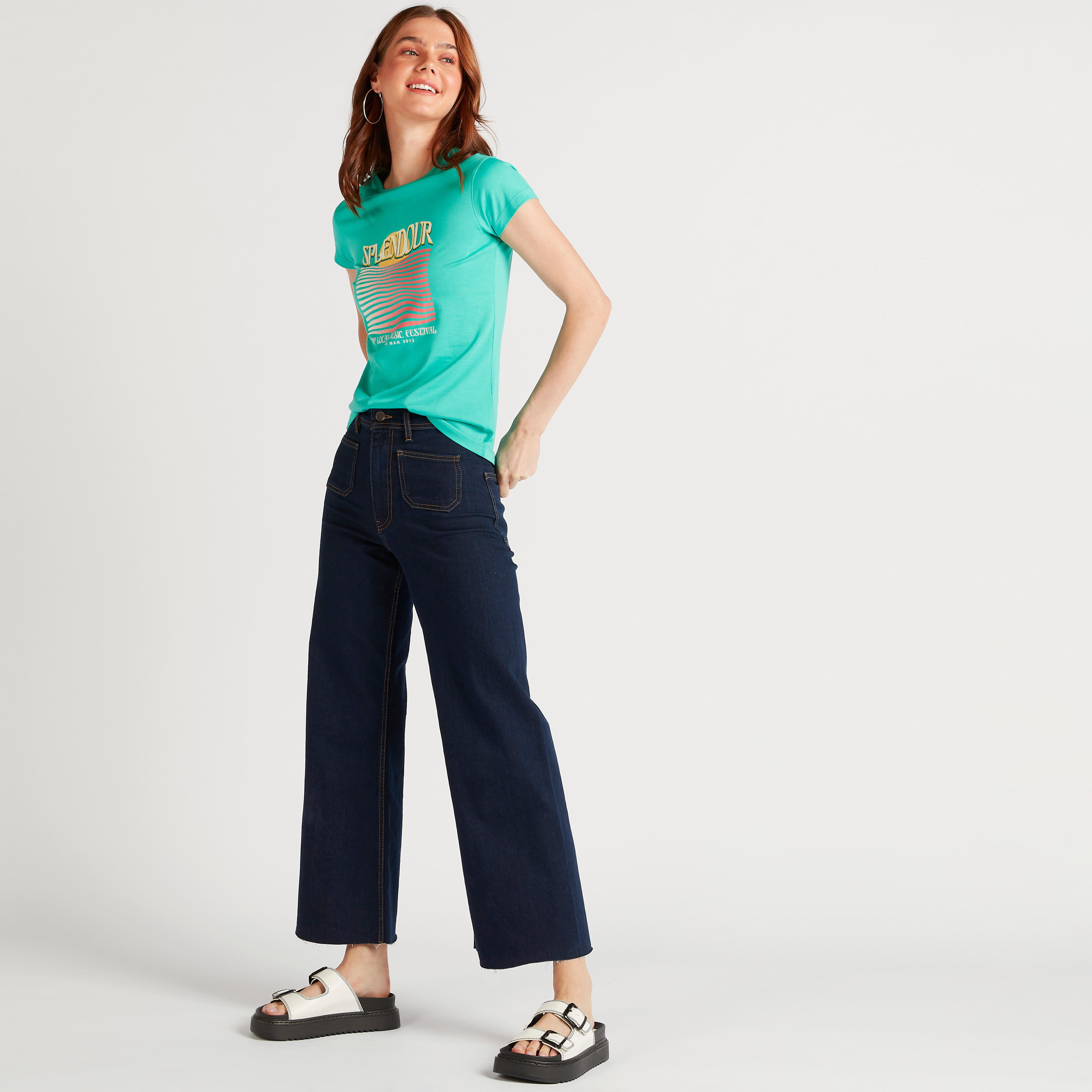 Graphic Print T-shirt with Crew Neck and Cap Sleeves-women-clothing-tshirts-image-2
