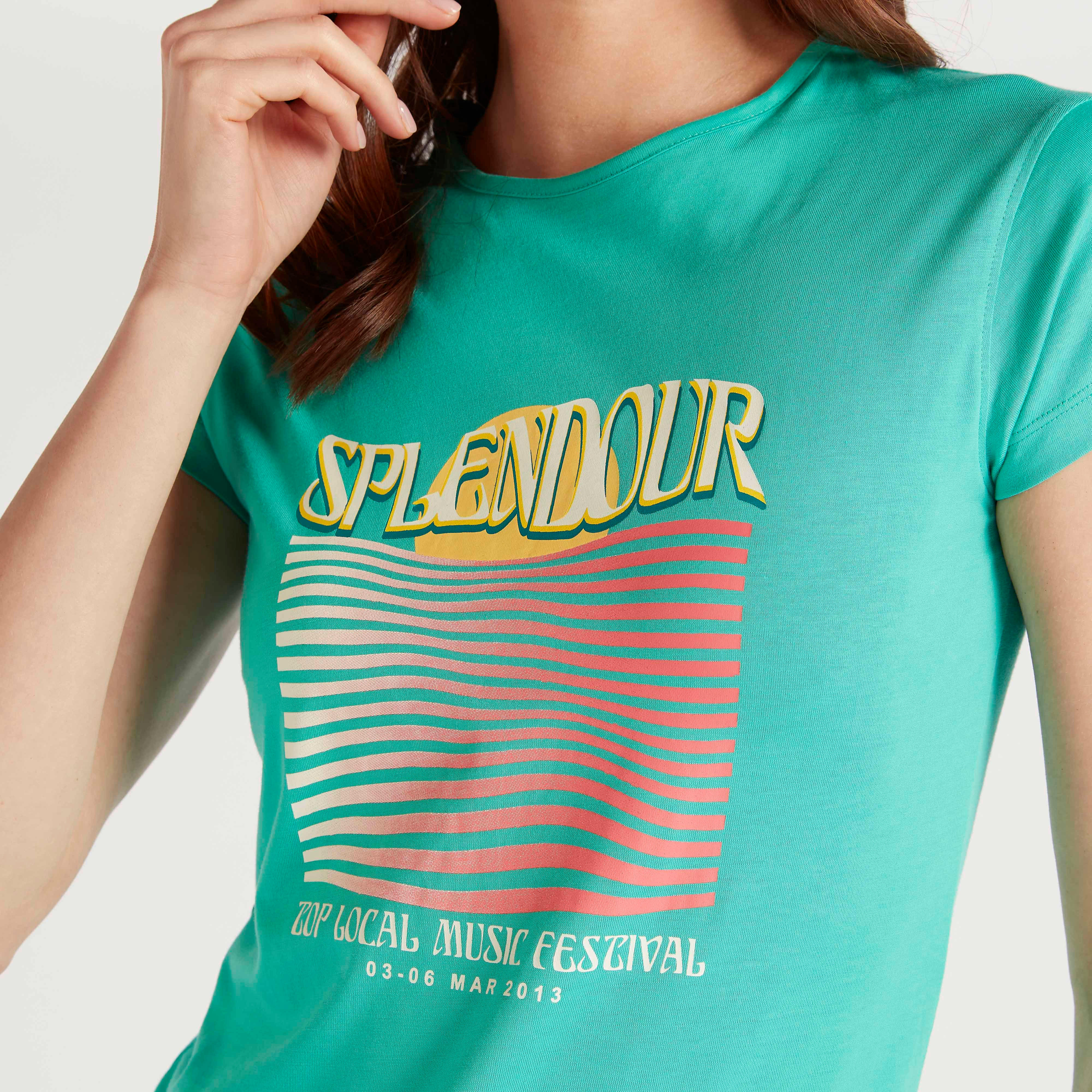 Graphic Print T-shirt with Crew Neck and Cap Sleeves-women-clothing-tshirts-image-3