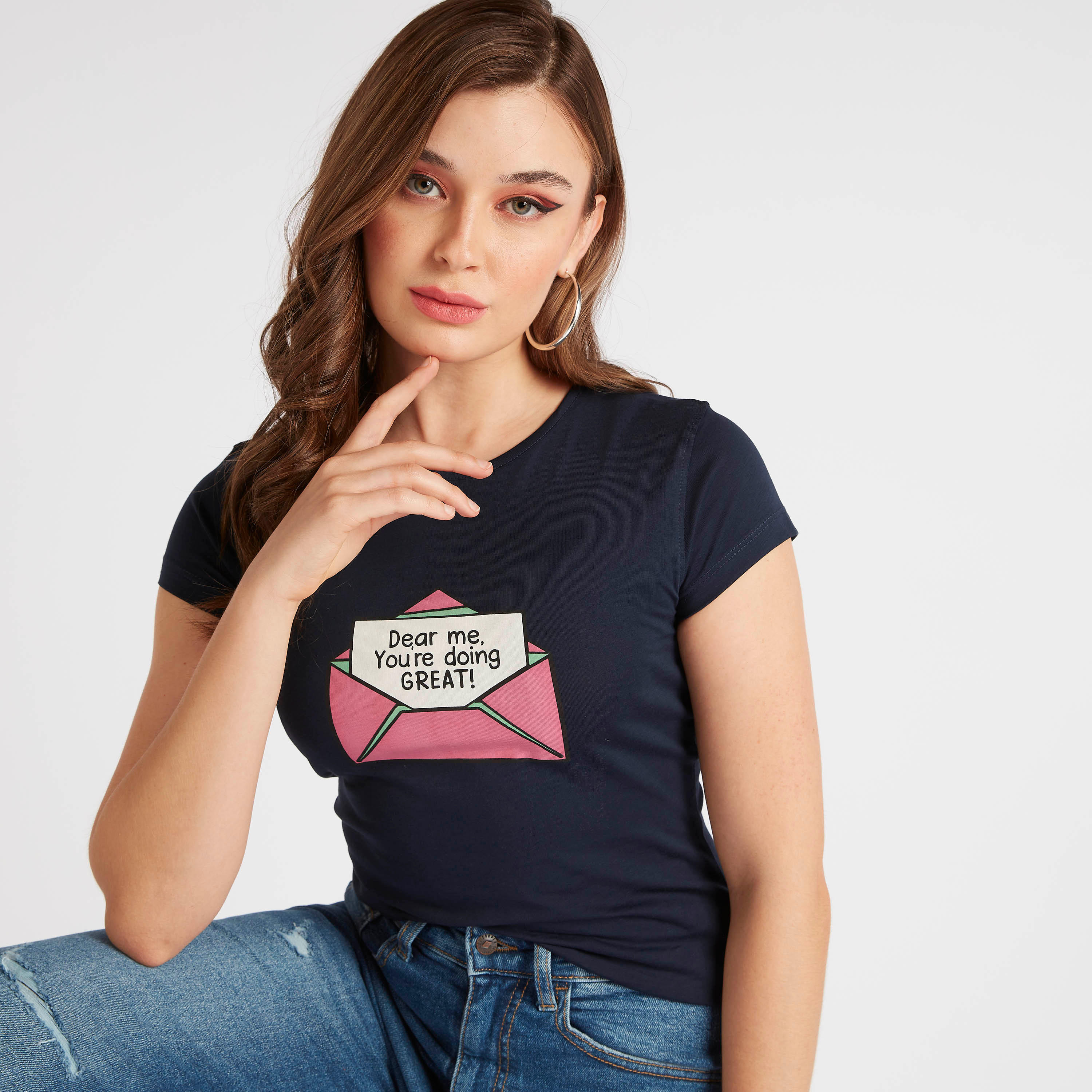 Graphic Print Round Neck T-shirt with Cap Sleeves-women-clothing-tshirts-image-1