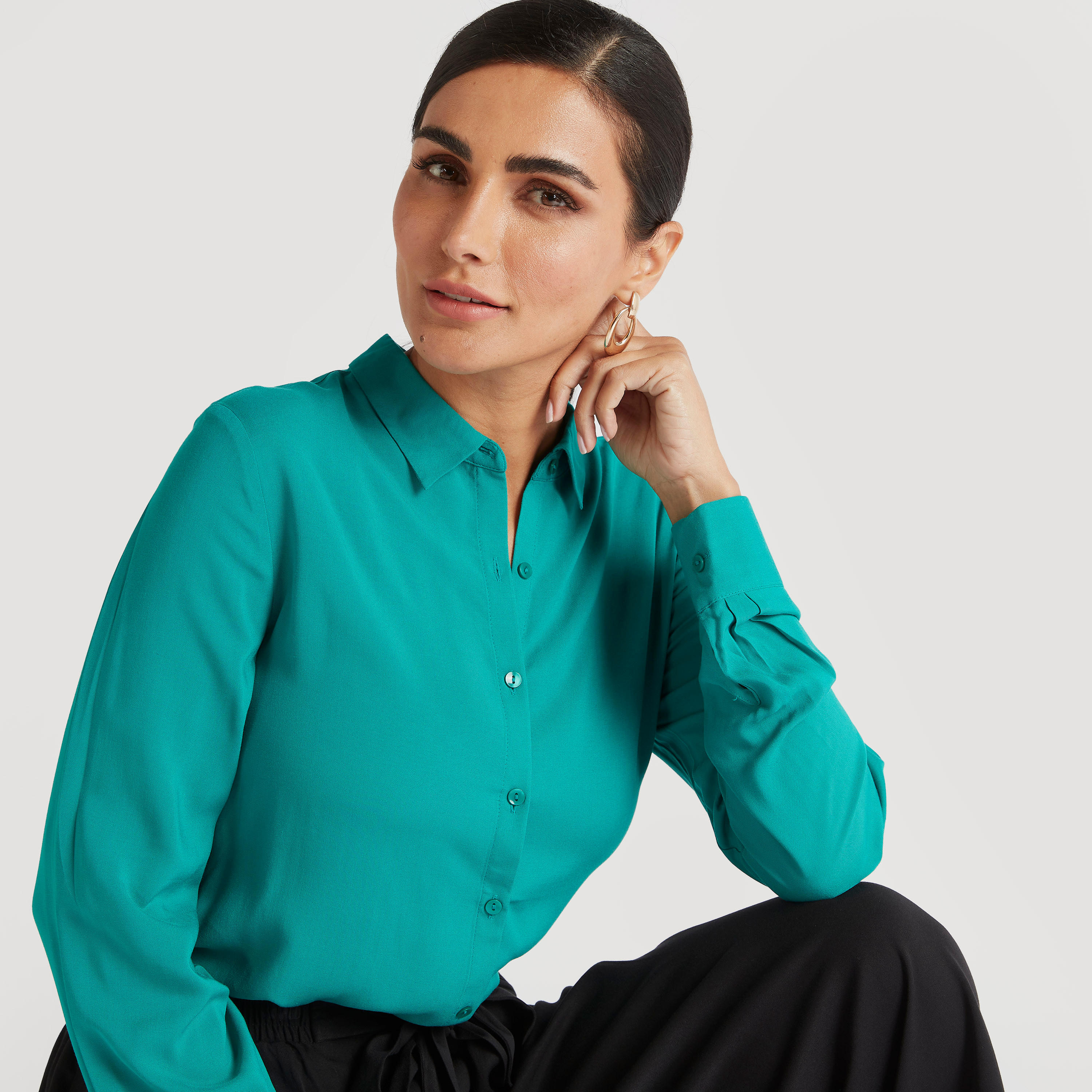 Solid Shirt with Spread Collar and Long Sleeves-women-clothing-shirtsandblouses-shirts-image-1