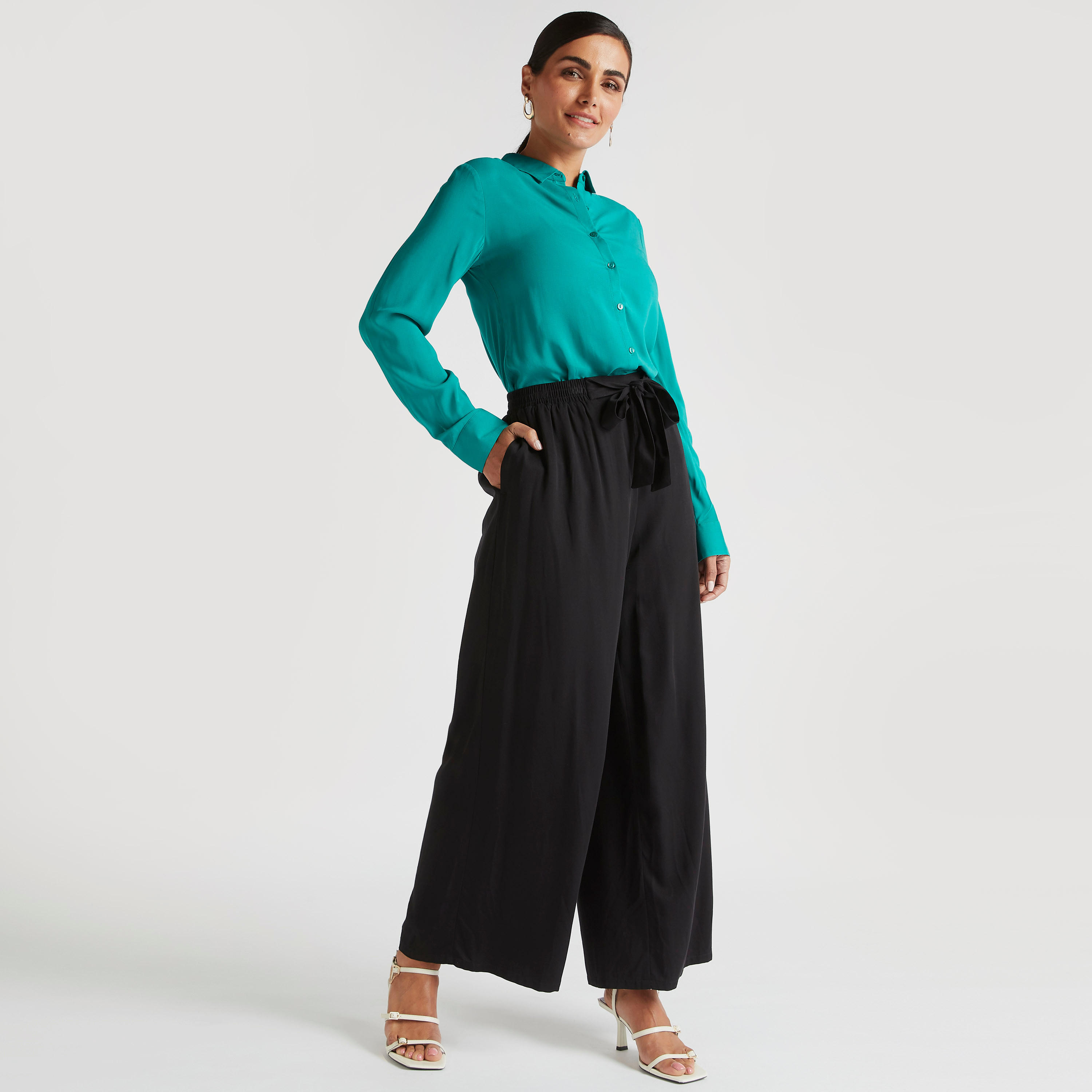 Solid Shirt with Spread Collar and Long Sleeves-women-clothing-shirtsandblouses-shirts-image-2