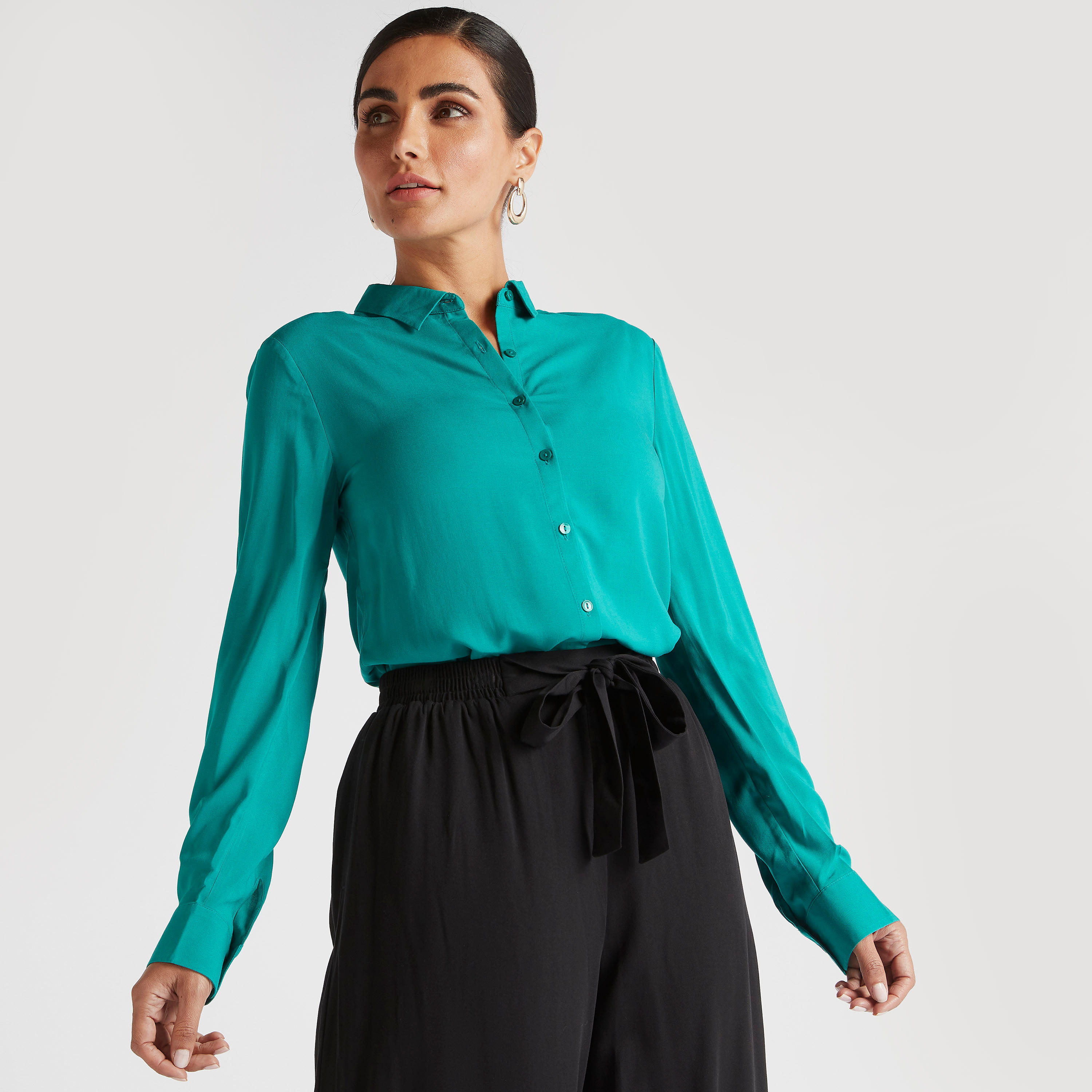 Solid Shirt with Spread Collar and Long Sleeves-women-clothing-shirtsandblouses-shirts-image-5