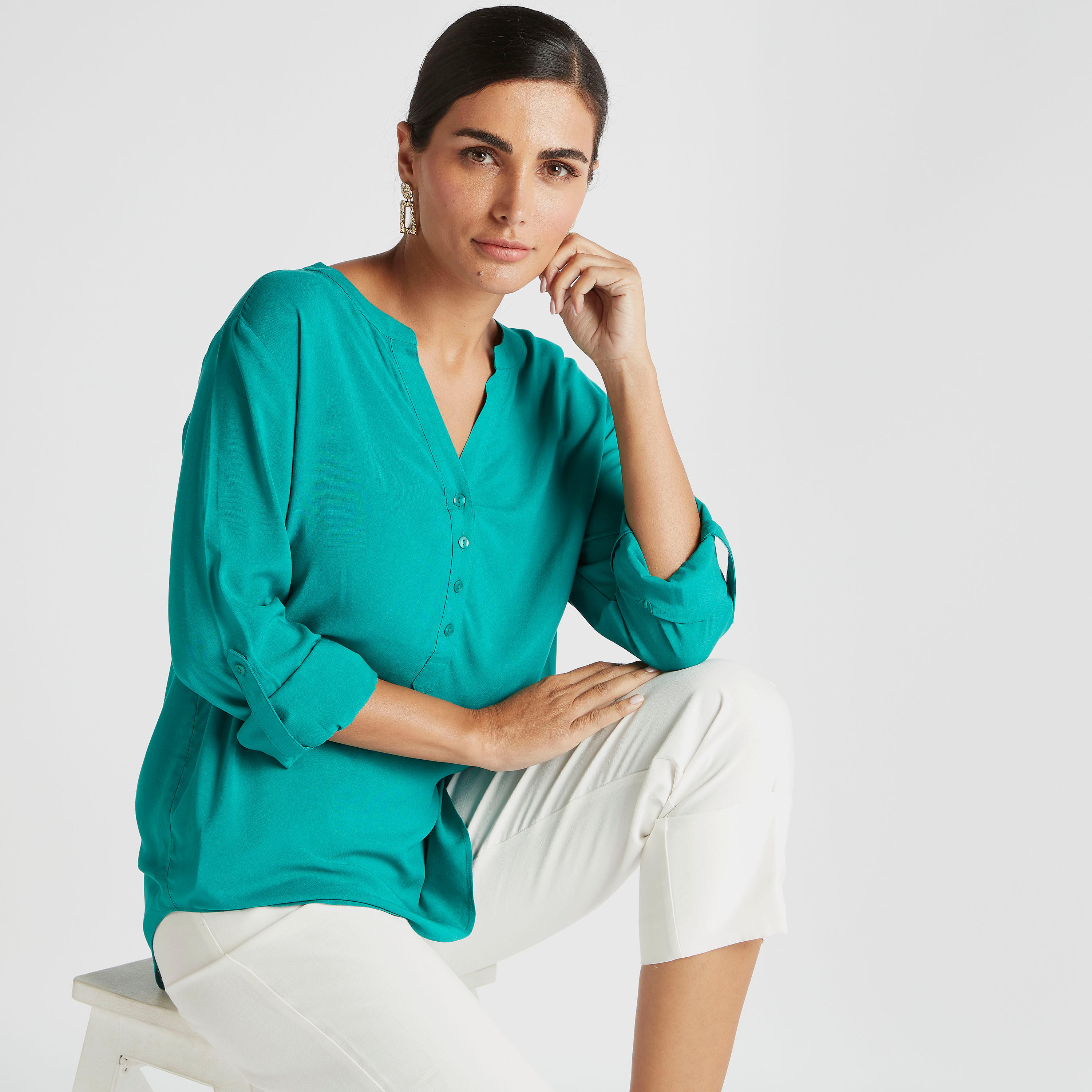 Solid High Low Top with Long Sleeves and Mandarin Collar-women-clothing-shirtsandblouses-blouses-image-1