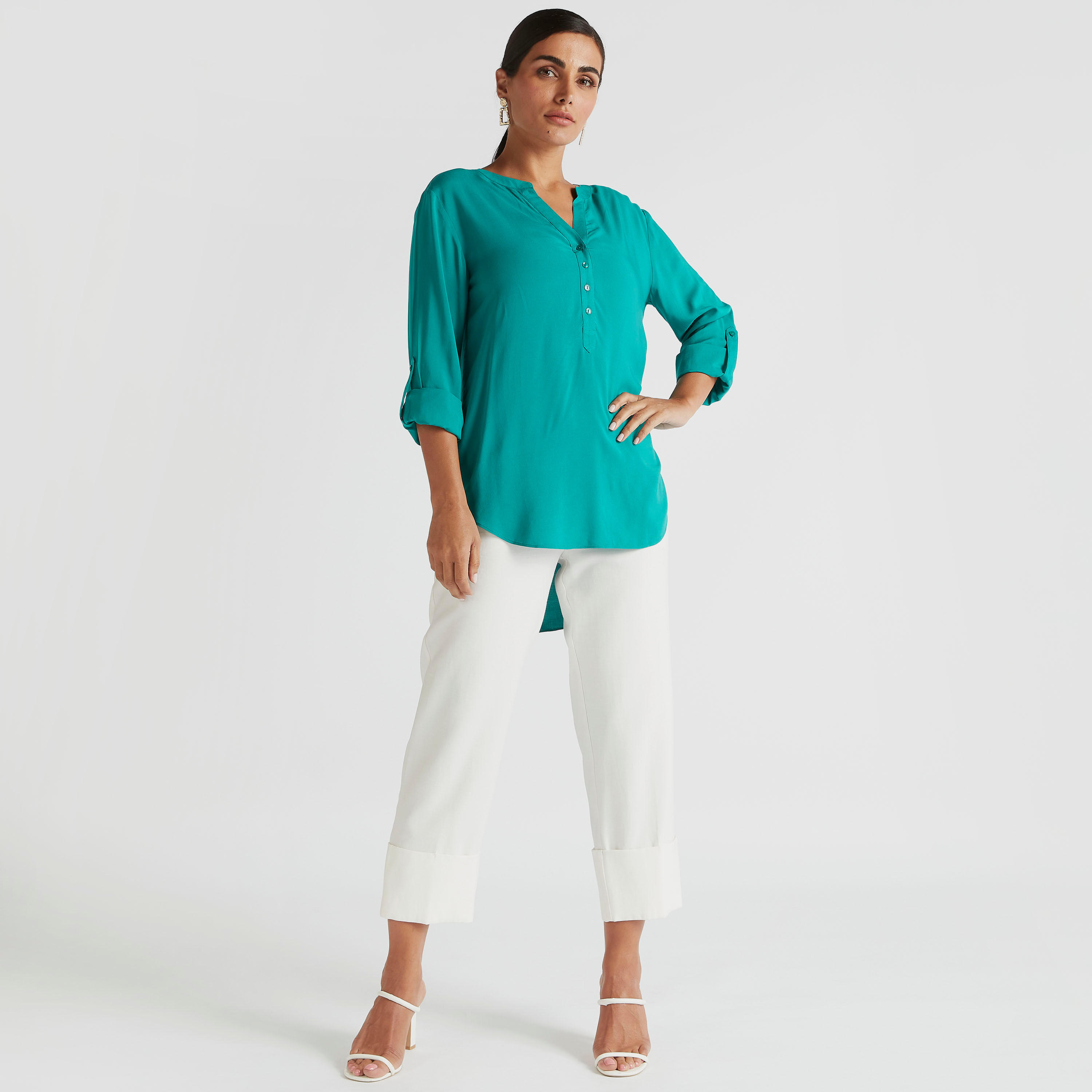 Solid High Low Top with Long Sleeves and Mandarin Collar-women-clothing-shirtsandblouses-blouses-image-2