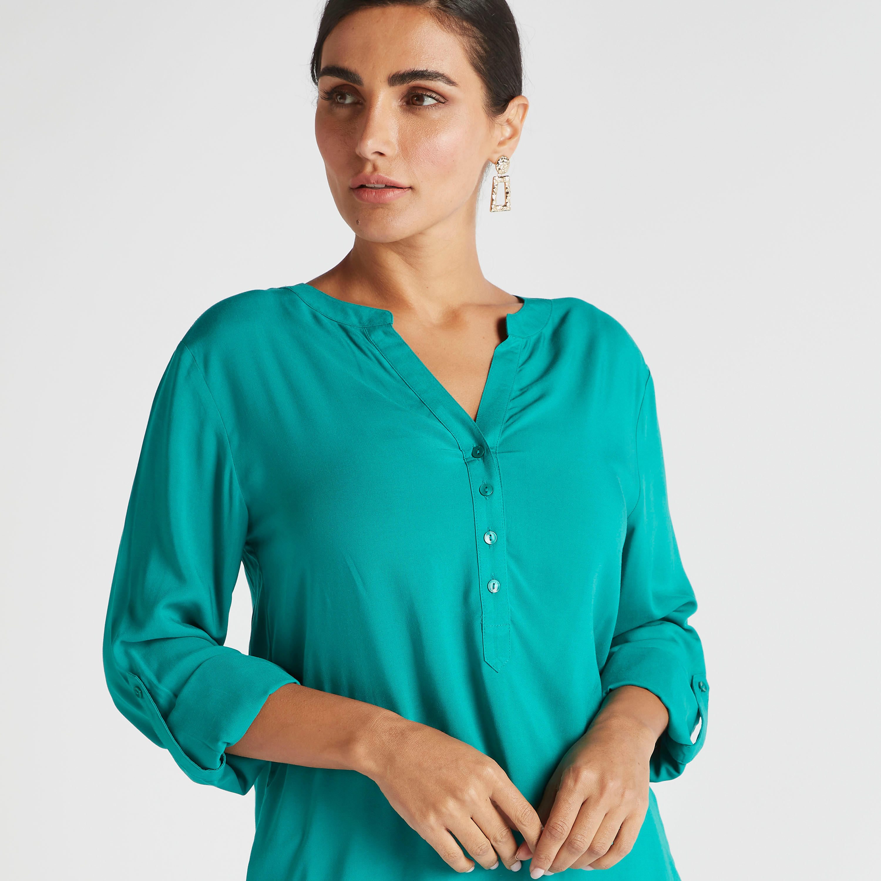 Solid High Low Top with Long Sleeves and Mandarin Collar-women-clothing-shirtsandblouses-blouses-image-3