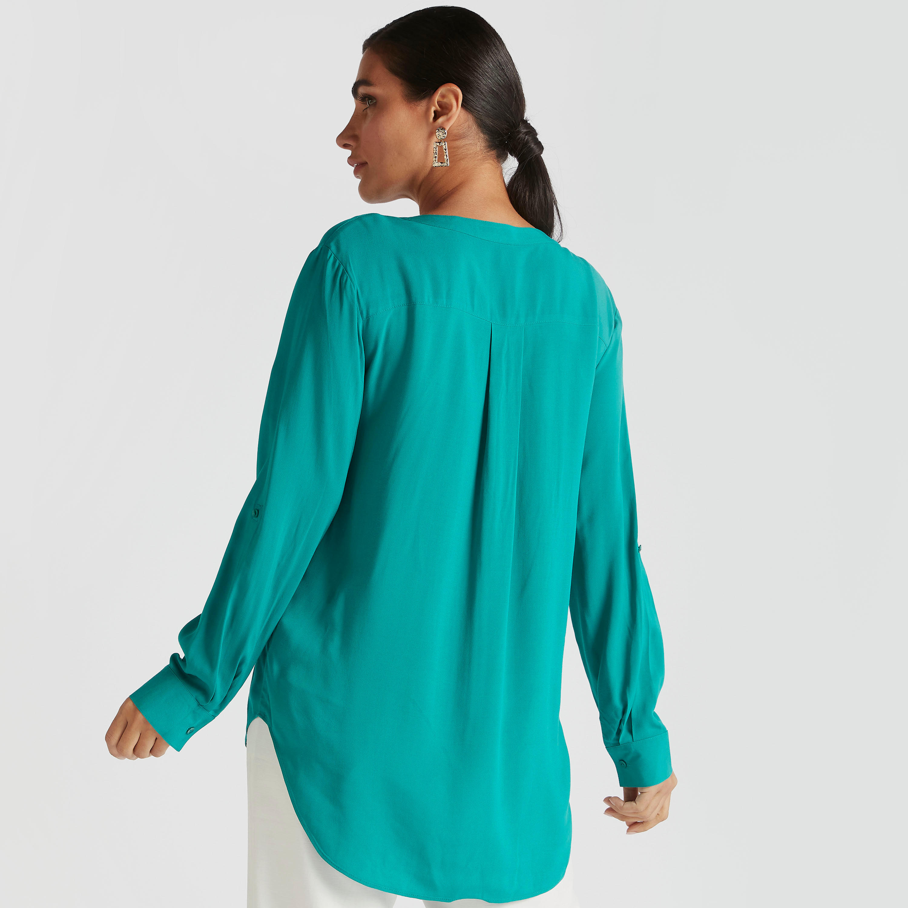 Solid High Low Top with Long Sleeves and Mandarin Collar-women-clothing-shirtsandblouses-blouses-image-4
