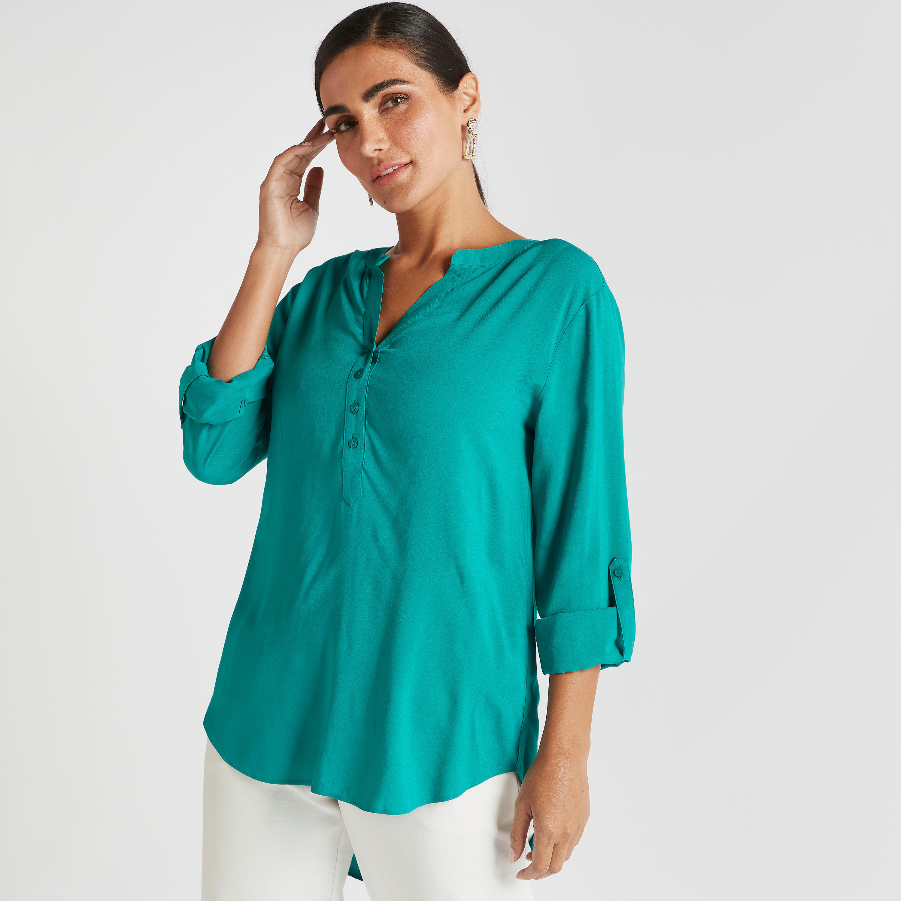 Solid High Low Top with Long Sleeves and Mandarin Collar-women-clothing-shirtsandblouses-blouses-image-5