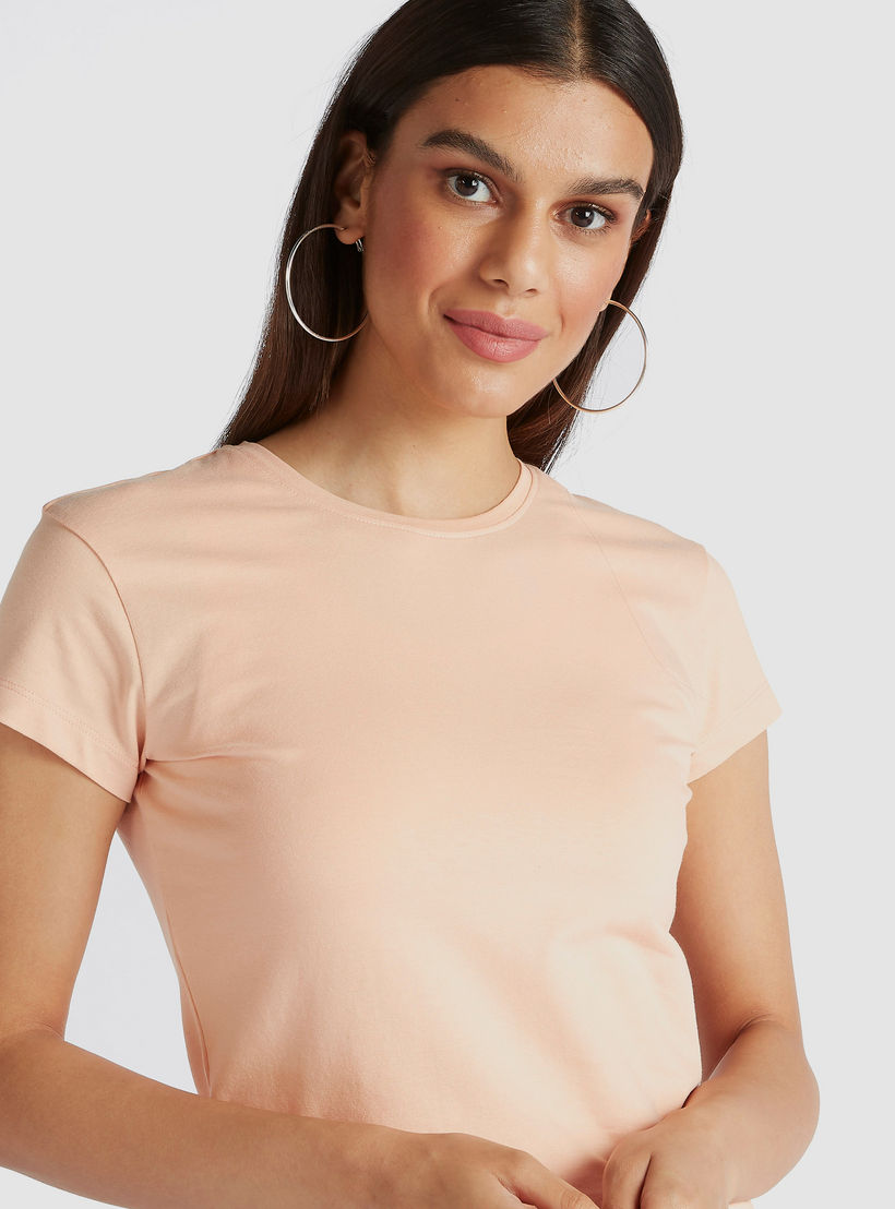 Solid Crew Neck T-shirt with Cap Sleeves-women-clothing-tshirts-image-2