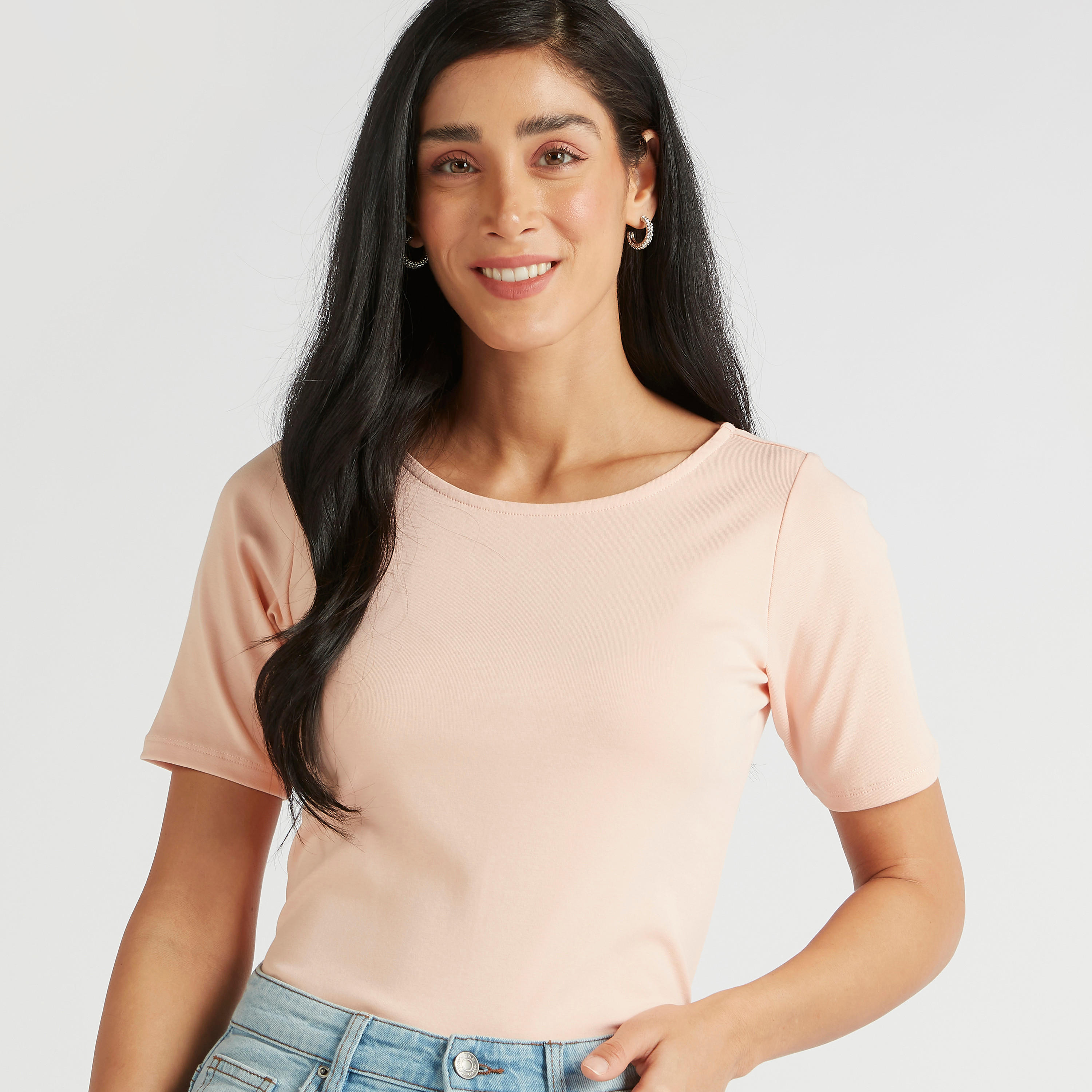 Solid T-shirt with Round Neck and Short Sleeves-women-clothing-tshirts-image-3