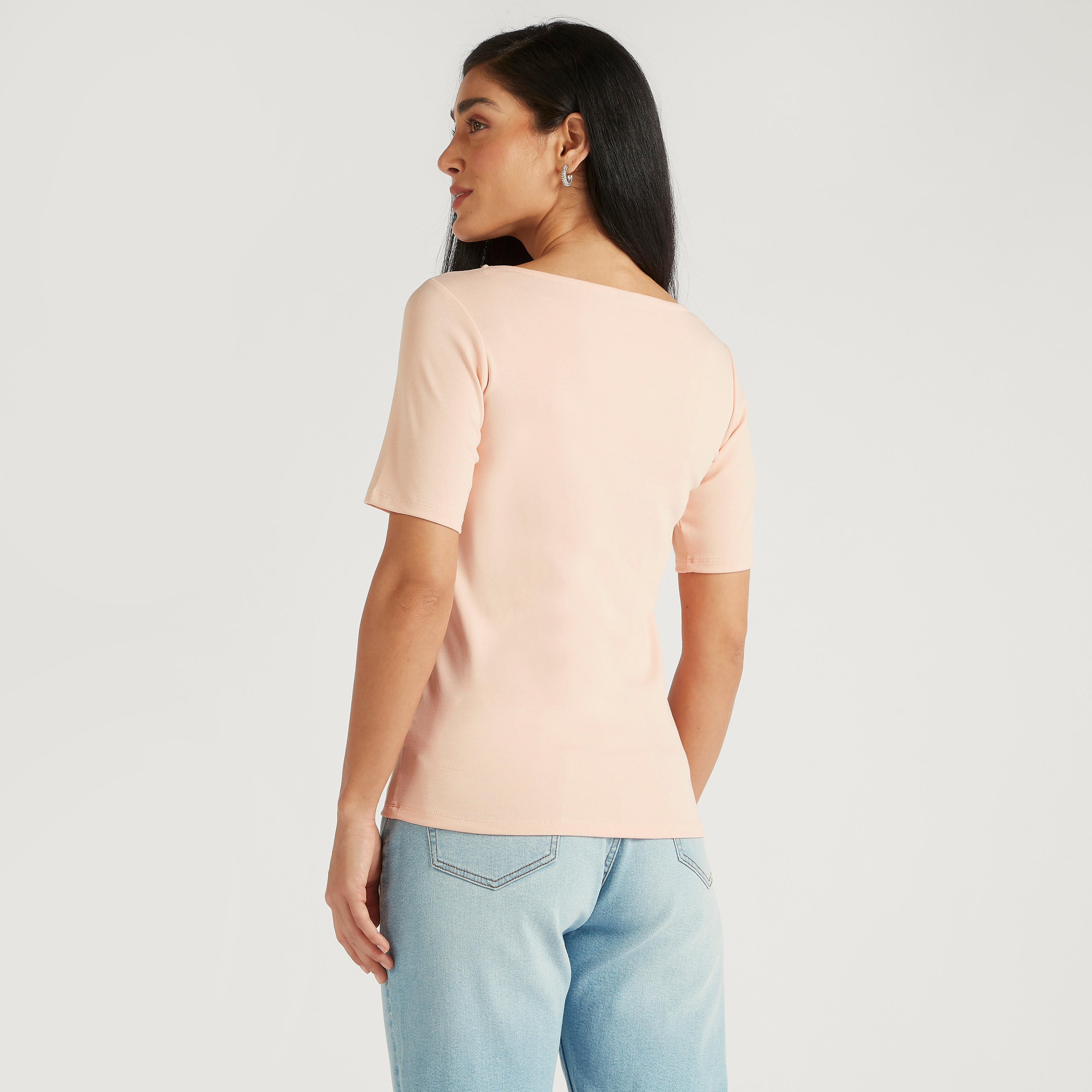 Solid T-shirt with Round Neck and Short Sleeves-women-clothing-tshirts-image-4