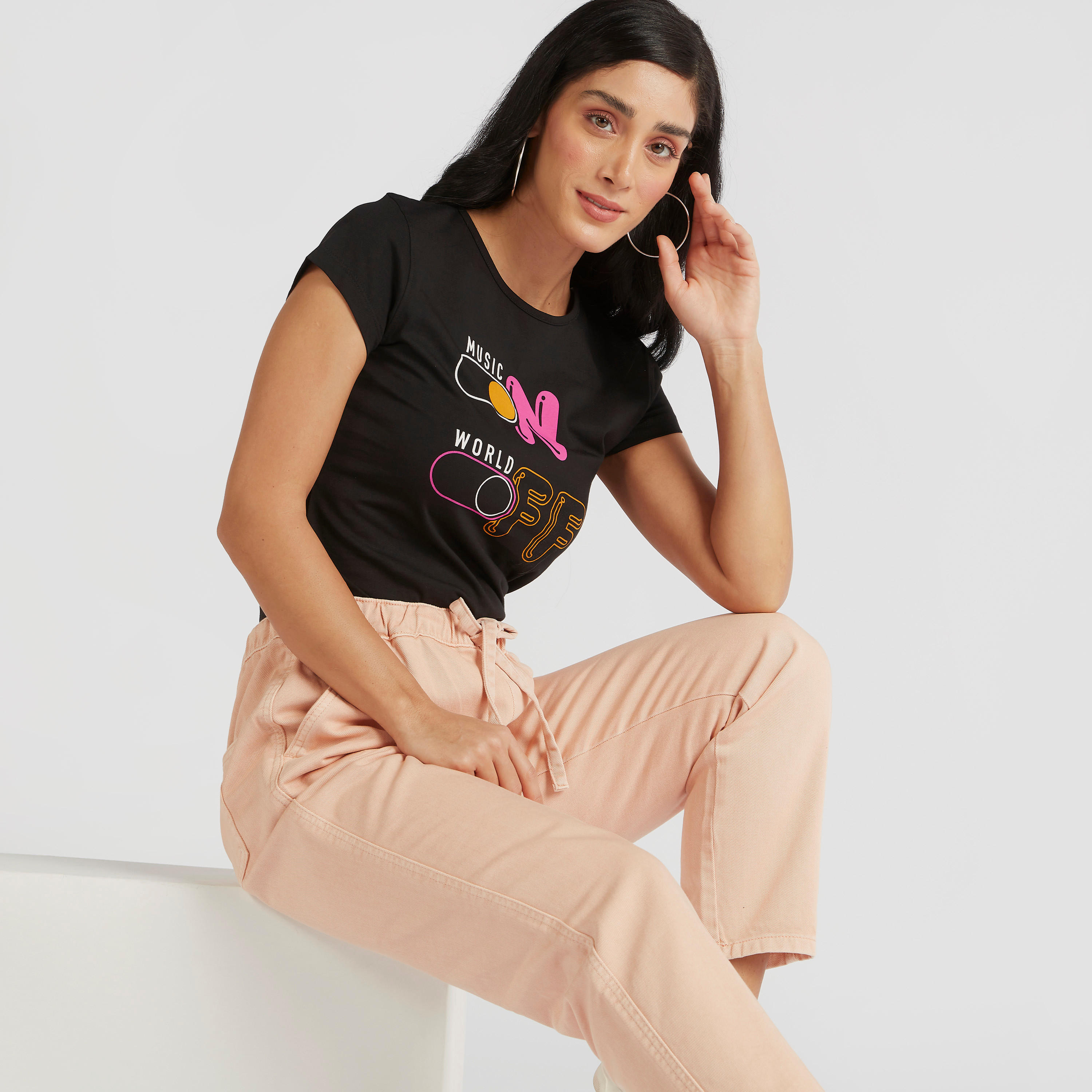 Printed Crew Neck T-shirt with Cap Sleeves-women-clothing-tshirts-image-1