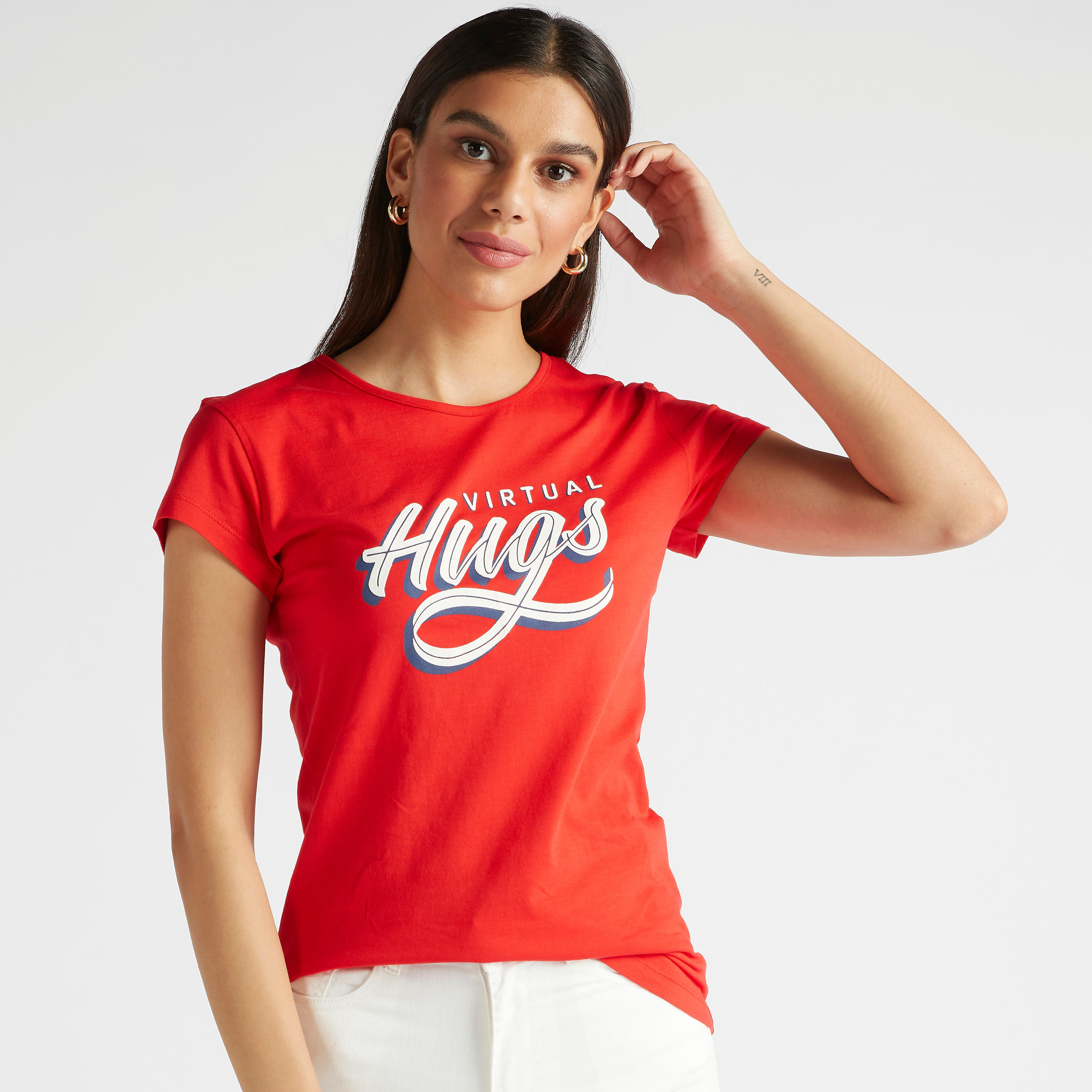 Printed Crew Neck T-shirt with Cap Sleeves-women-clothing-tshirts-image-1