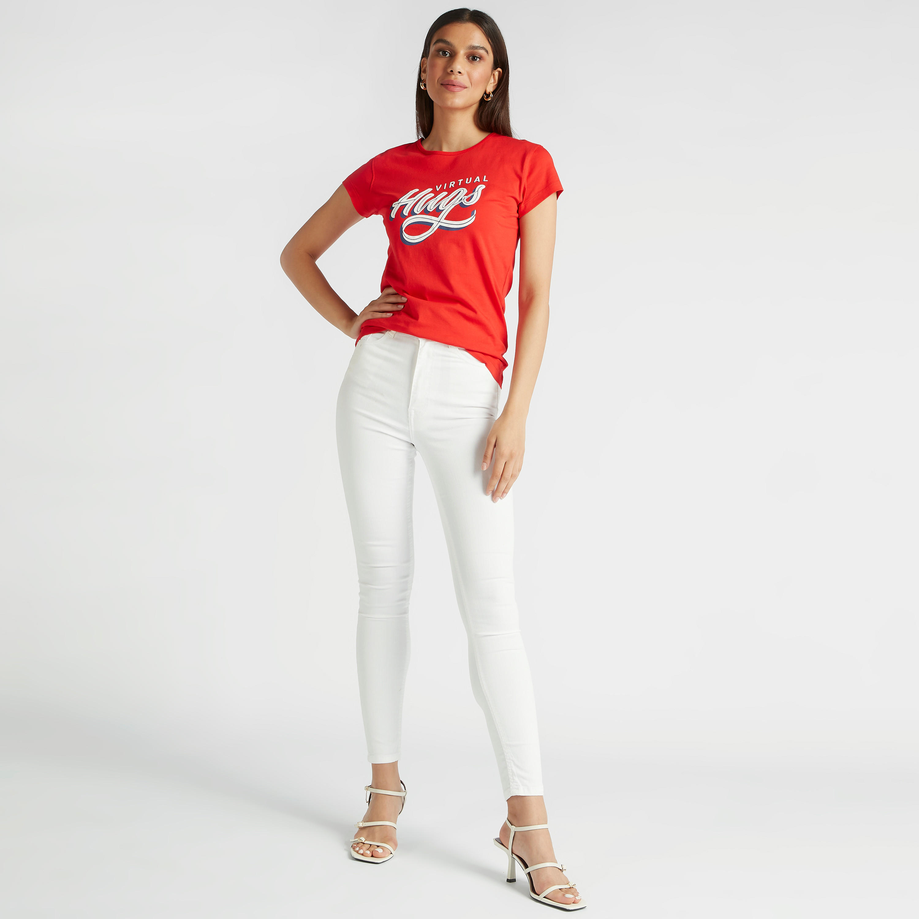 Printed Crew Neck T-shirt with Cap Sleeves-women-clothing-tshirts-image-2