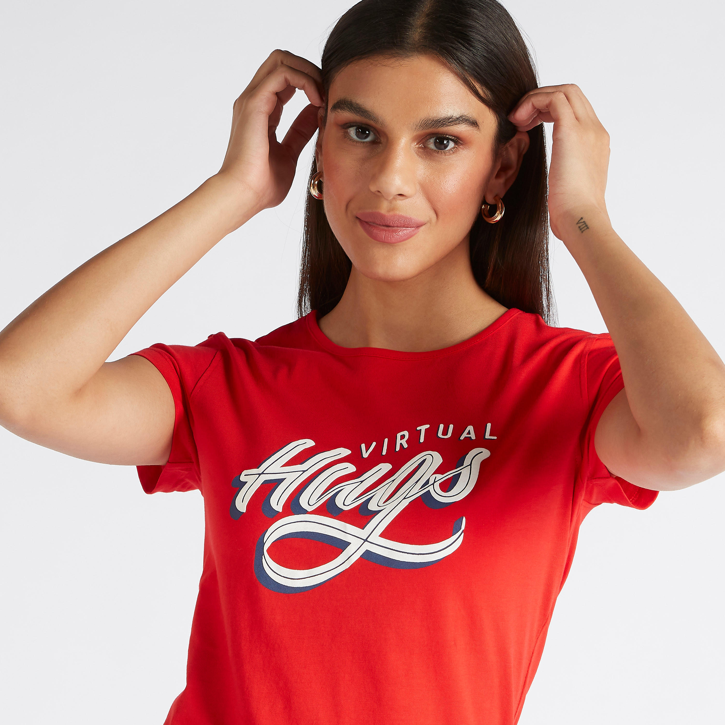 Printed Crew Neck T-shirt with Cap Sleeves-women-clothing-tshirts-image-3