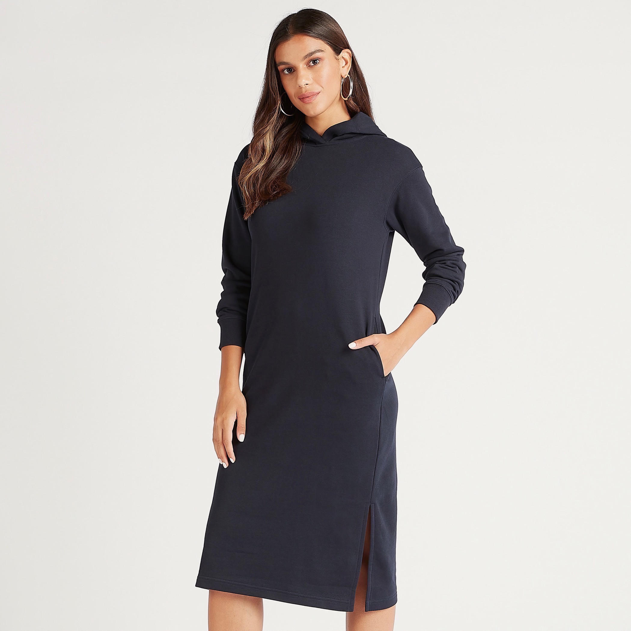 Solid Midi Shift Dress with Long Sleeves and Pockets-women-clothing-dresses-image-1