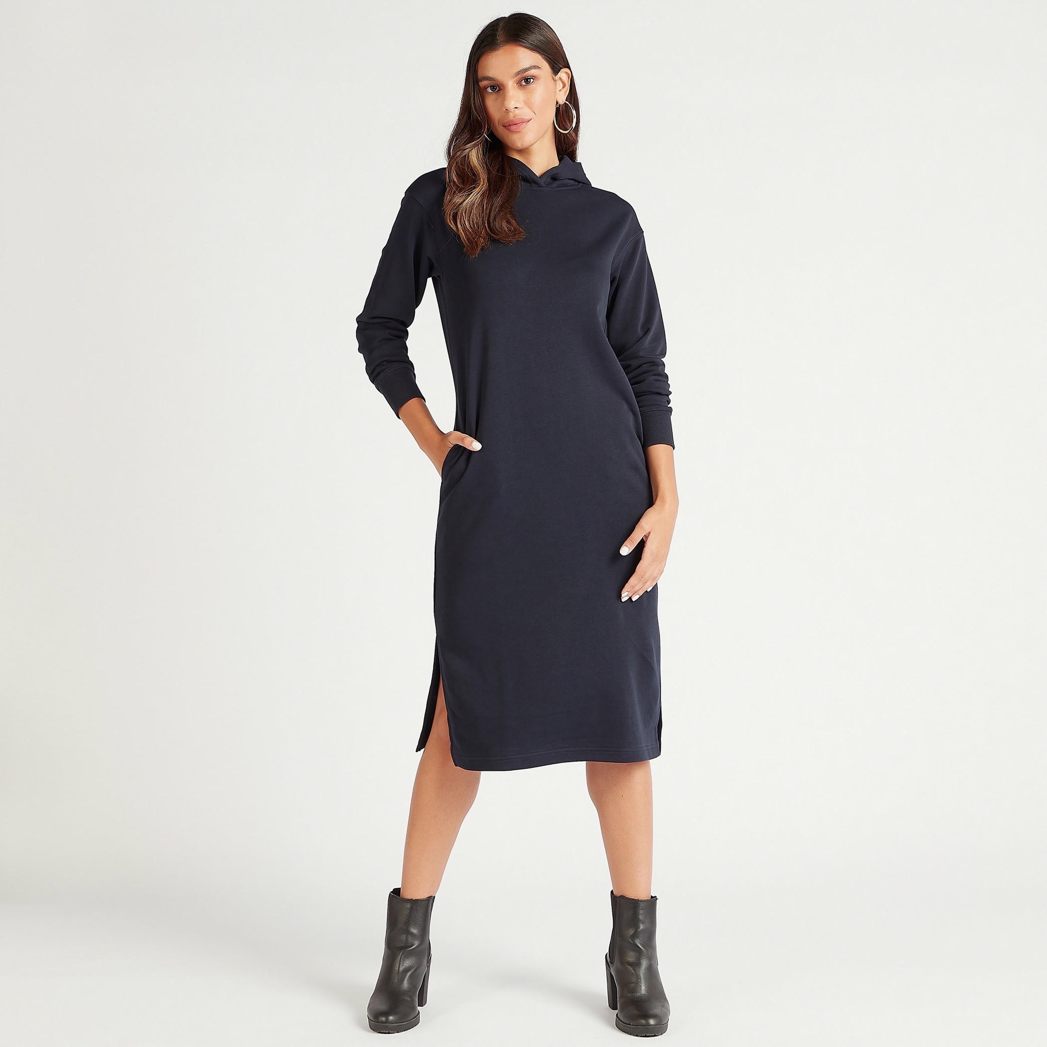 Solid Midi Shift Dress with Long Sleeves and Pockets-women-clothing-dresses-image-2
