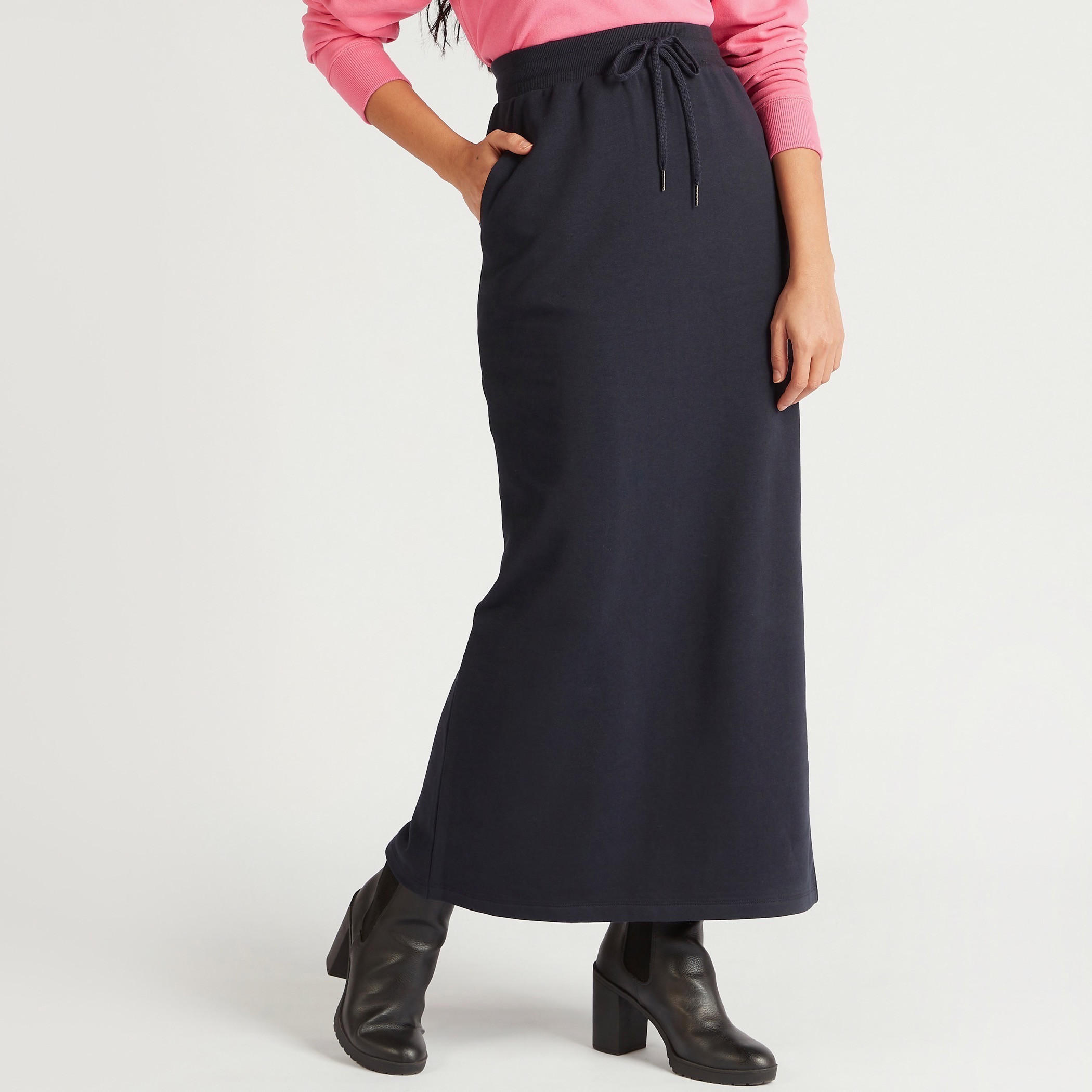 Solid Maxi Shift Skirt with Drawstring Closure and Pockets-women-clothing-bottoms-skirts-image-1