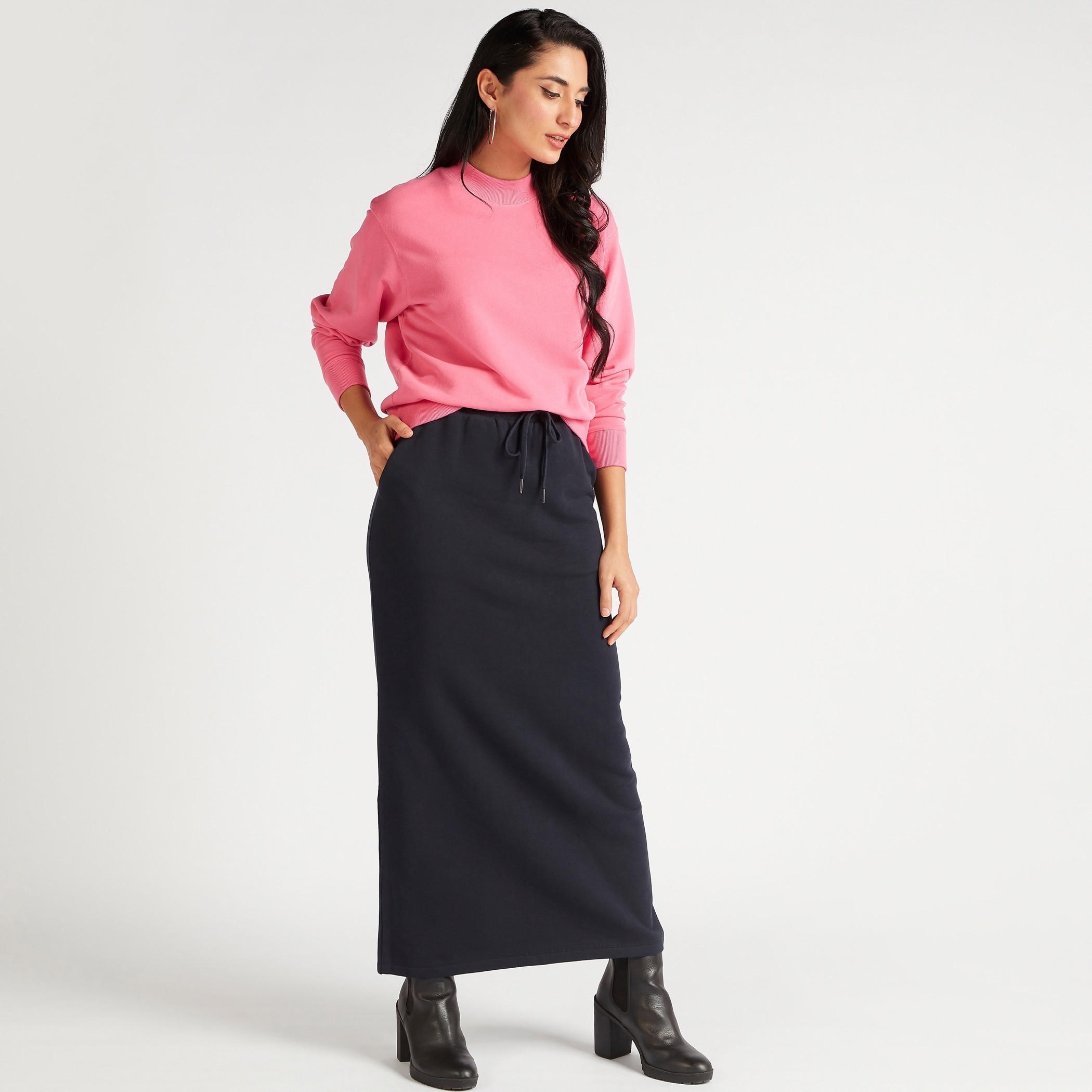 Solid Maxi Shift Skirt with Drawstring Closure and Pockets-women-clothing-bottoms-skirts-image-2