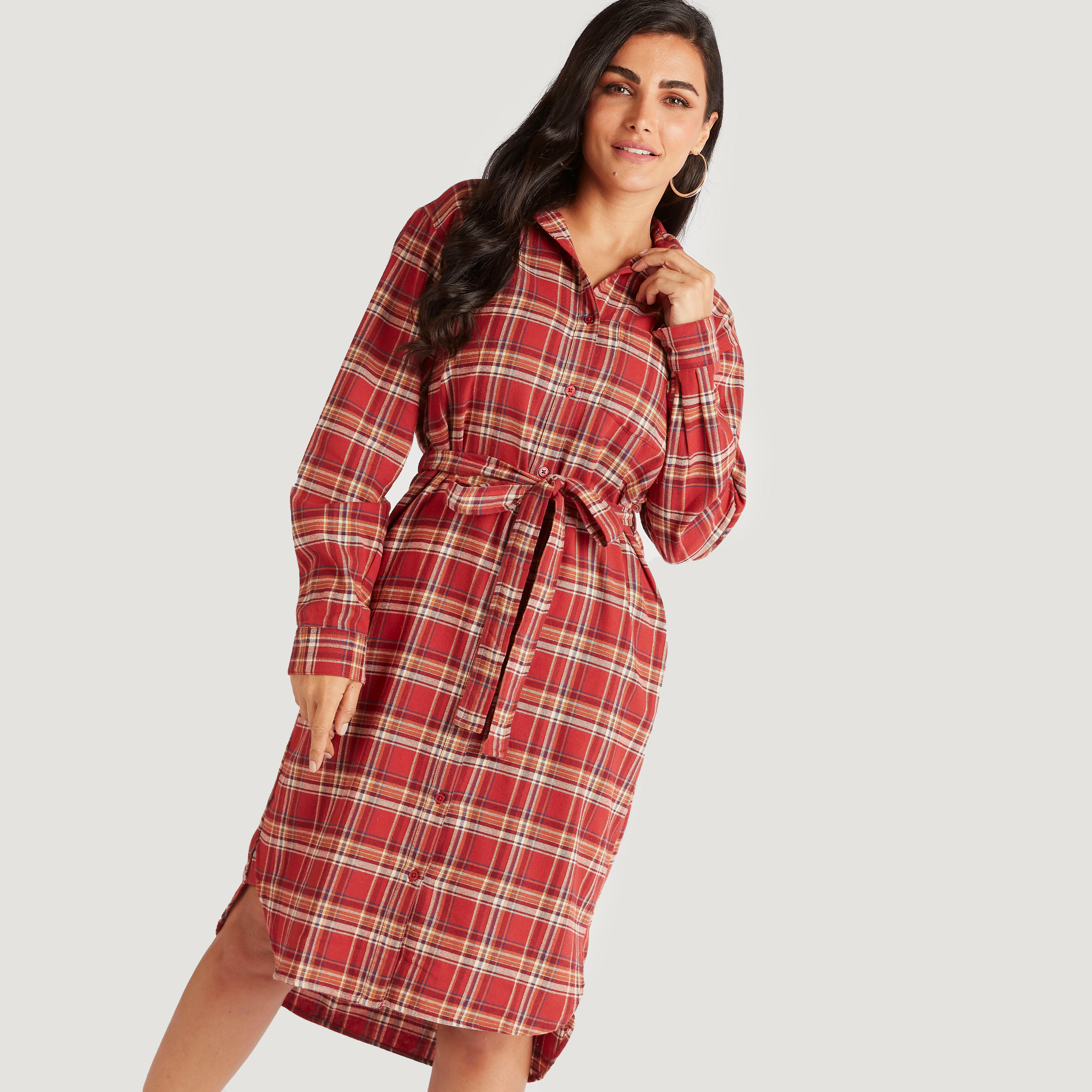 فستان قميص ميدي كاروهات بأكمام طويلة-women-clothing-dresses-image-1