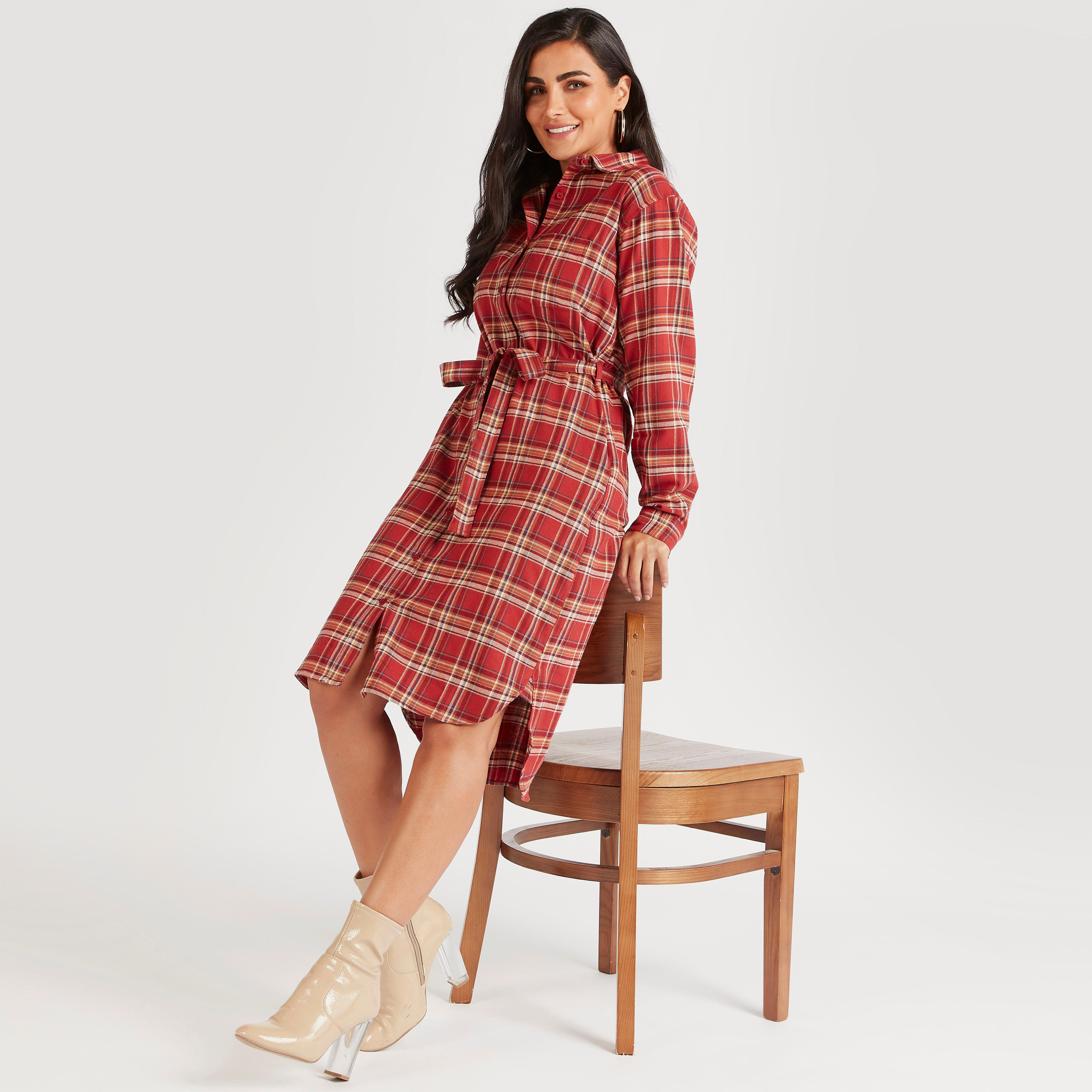 فستان قميص ميدي كاروهات بأكمام طويلة-women-clothing-dresses-image-2