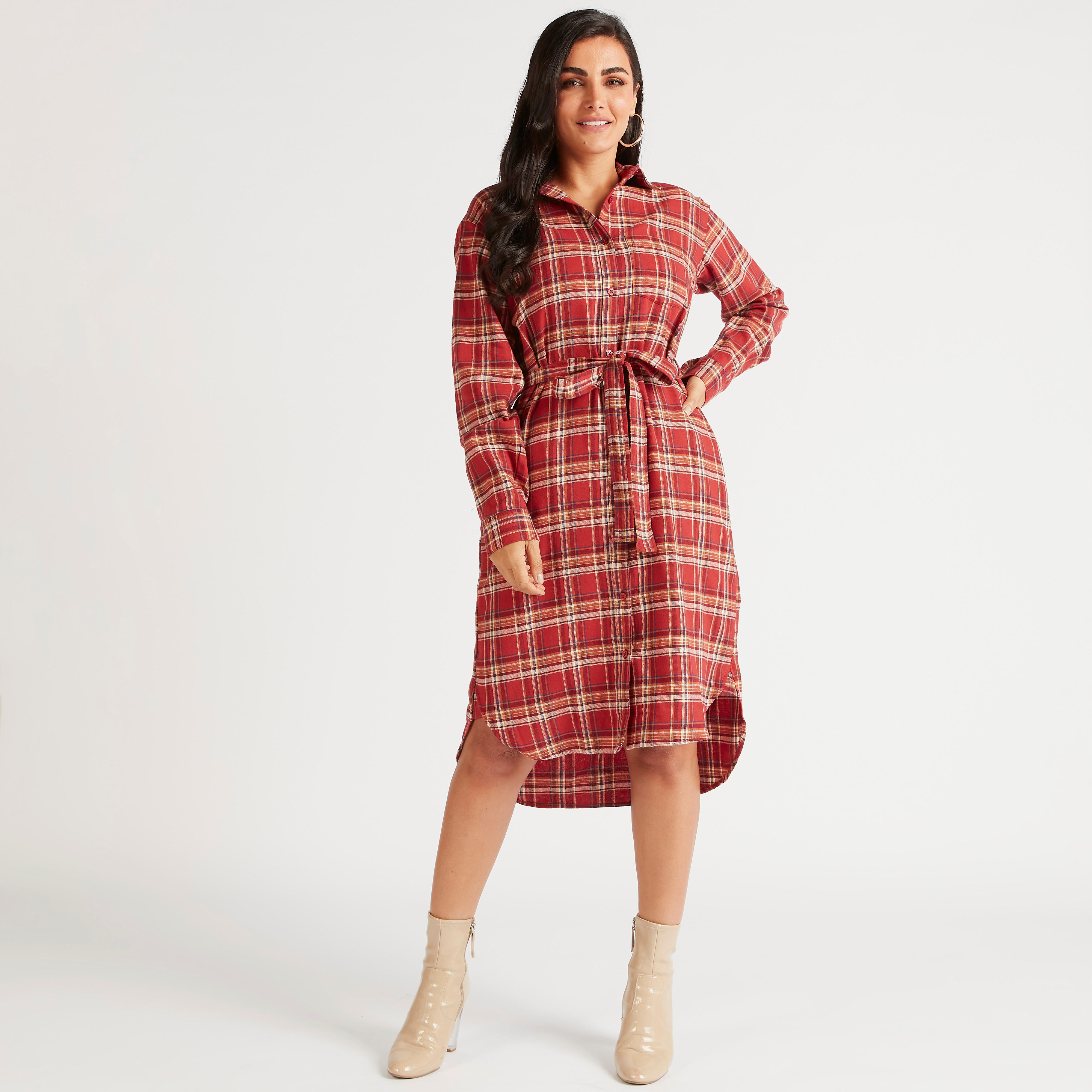 فستان قميص ميدي كاروهات بأكمام طويلة-women-clothing-dresses-image-5