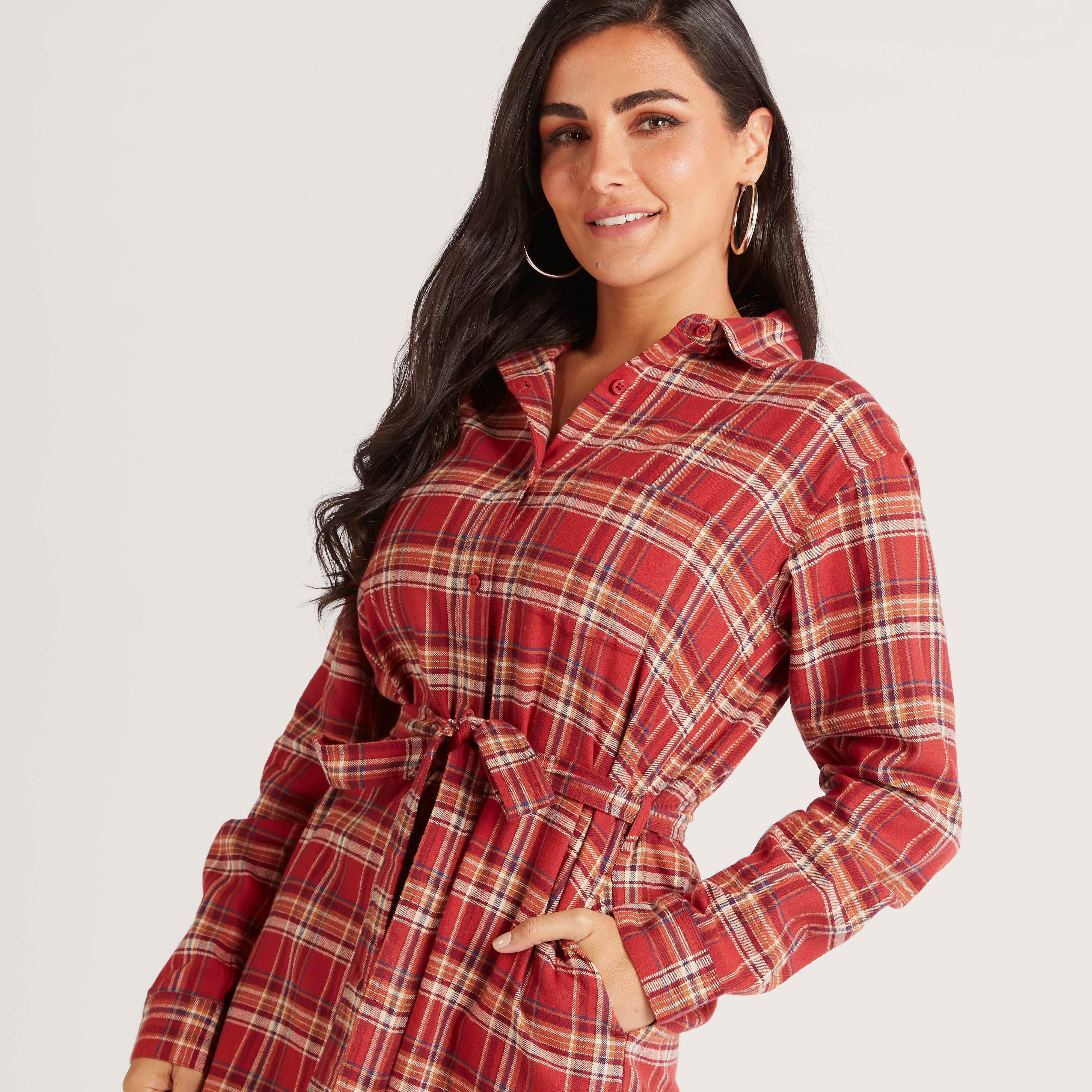 فستان قميص ميدي كاروهات بأكمام طويلة-women-clothing-dresses-image-7