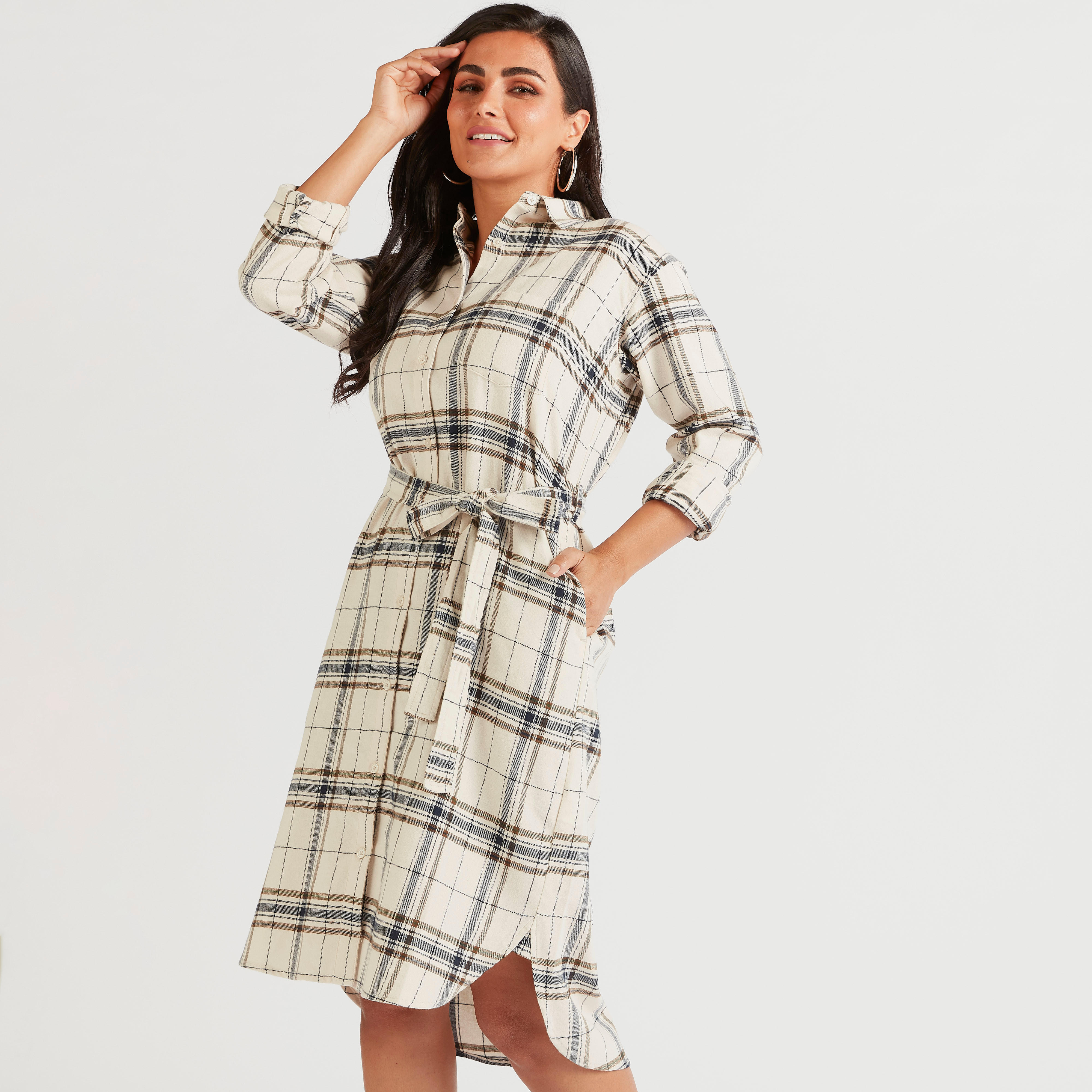 فستان قميص ميدي بطبعات كاروهات-women-clothing-dresses-image-1