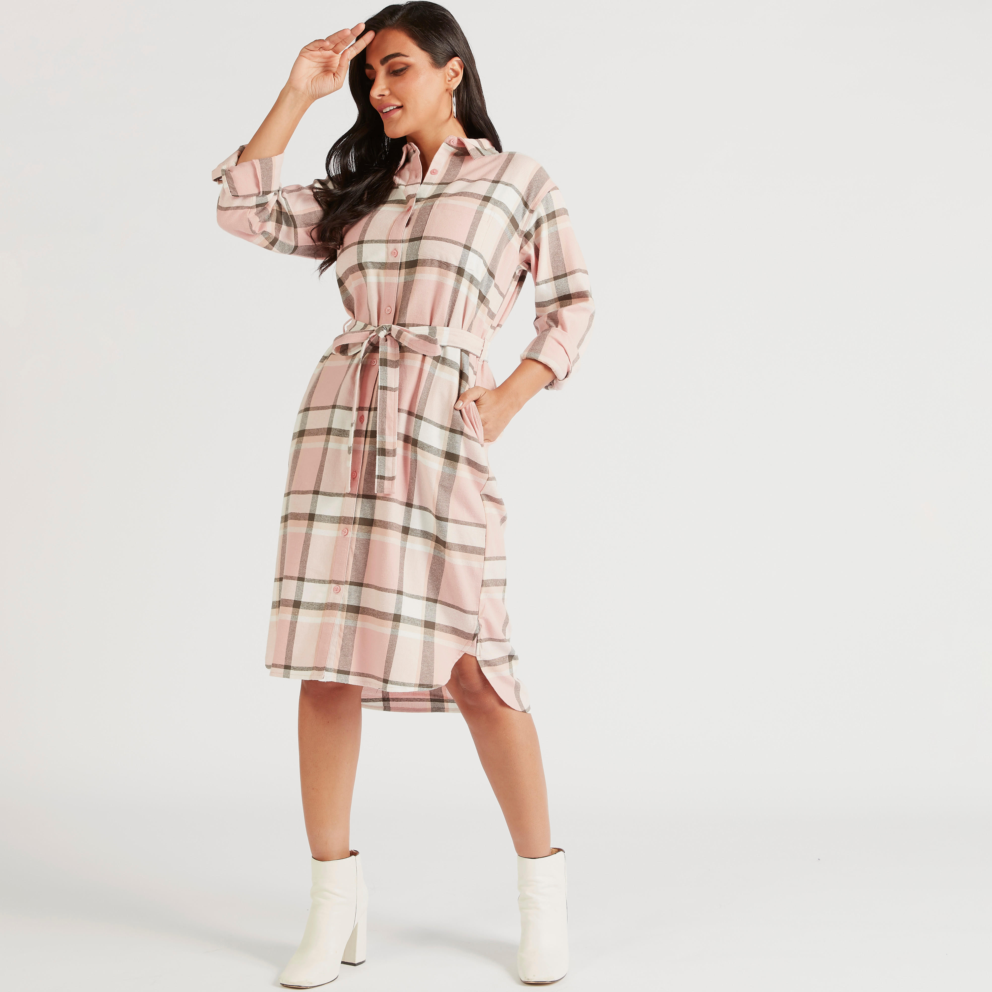 فستان قميص كاروهات ميدي برباط وياقة عادية-women-clothing-dresses-image-1