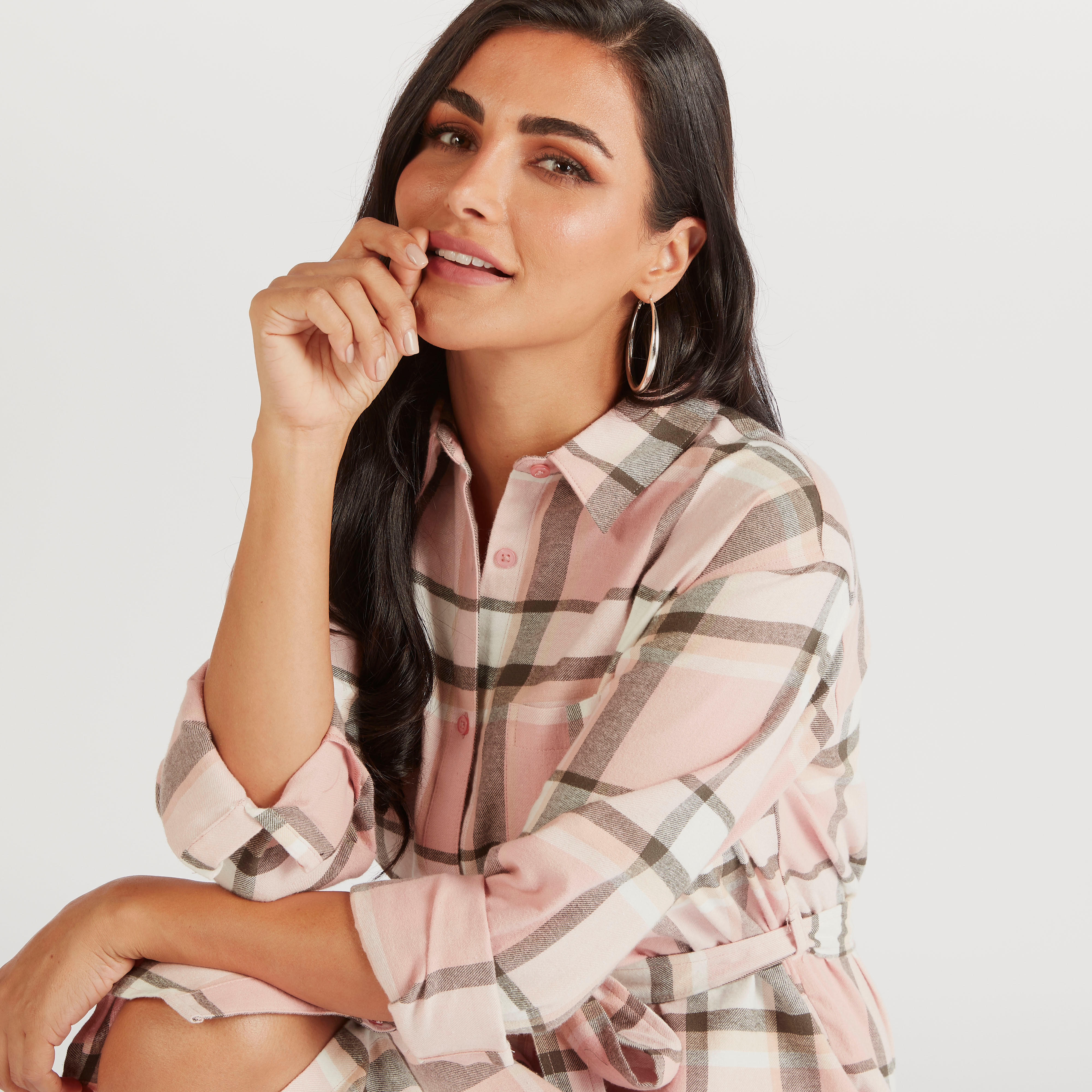 فستان قميص كاروهات ميدي برباط وياقة عادية-women-clothing-dresses-image-3