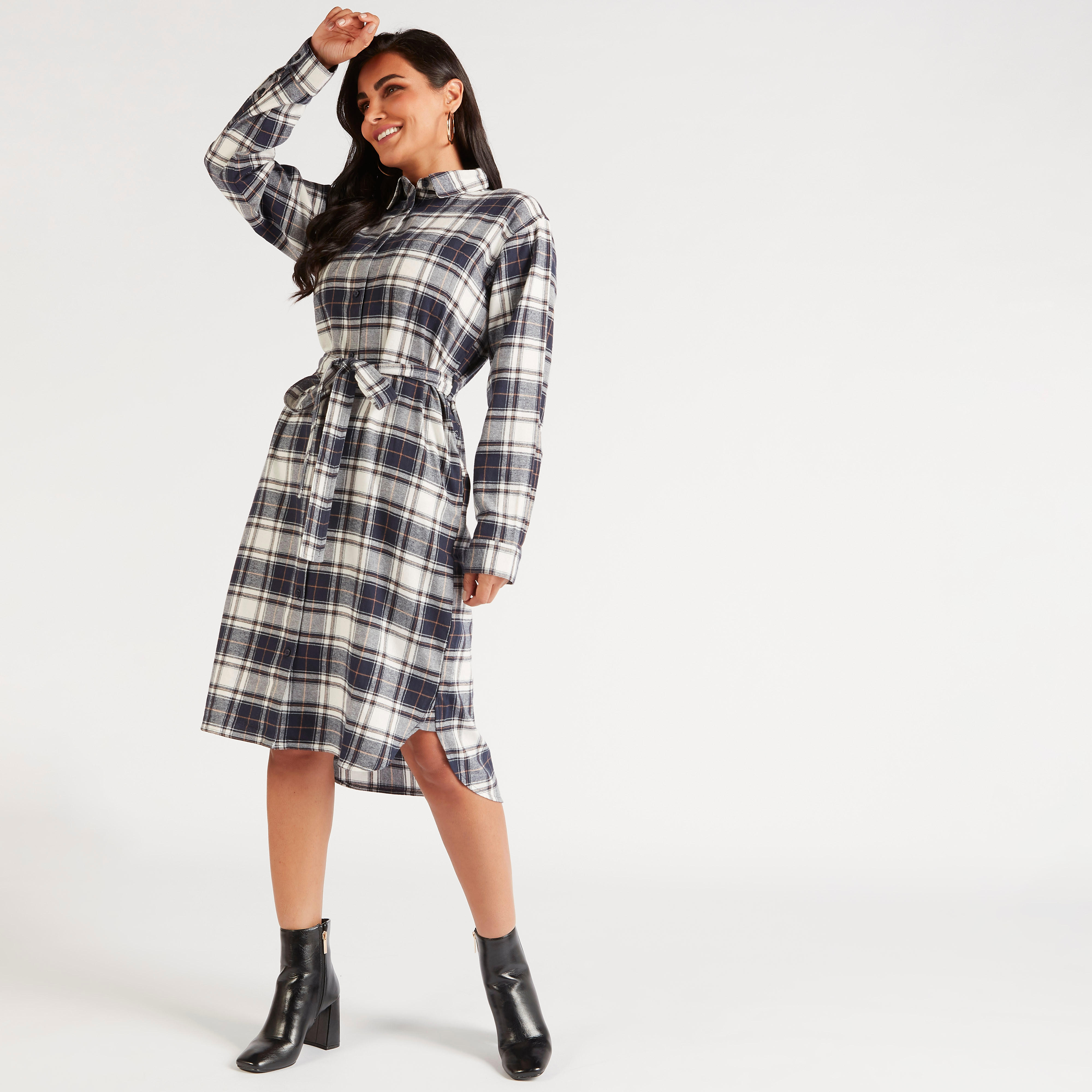 فستان قميص كاروهات ميدي برباط وياقة عادية-women-clothing-dresses-image-1
