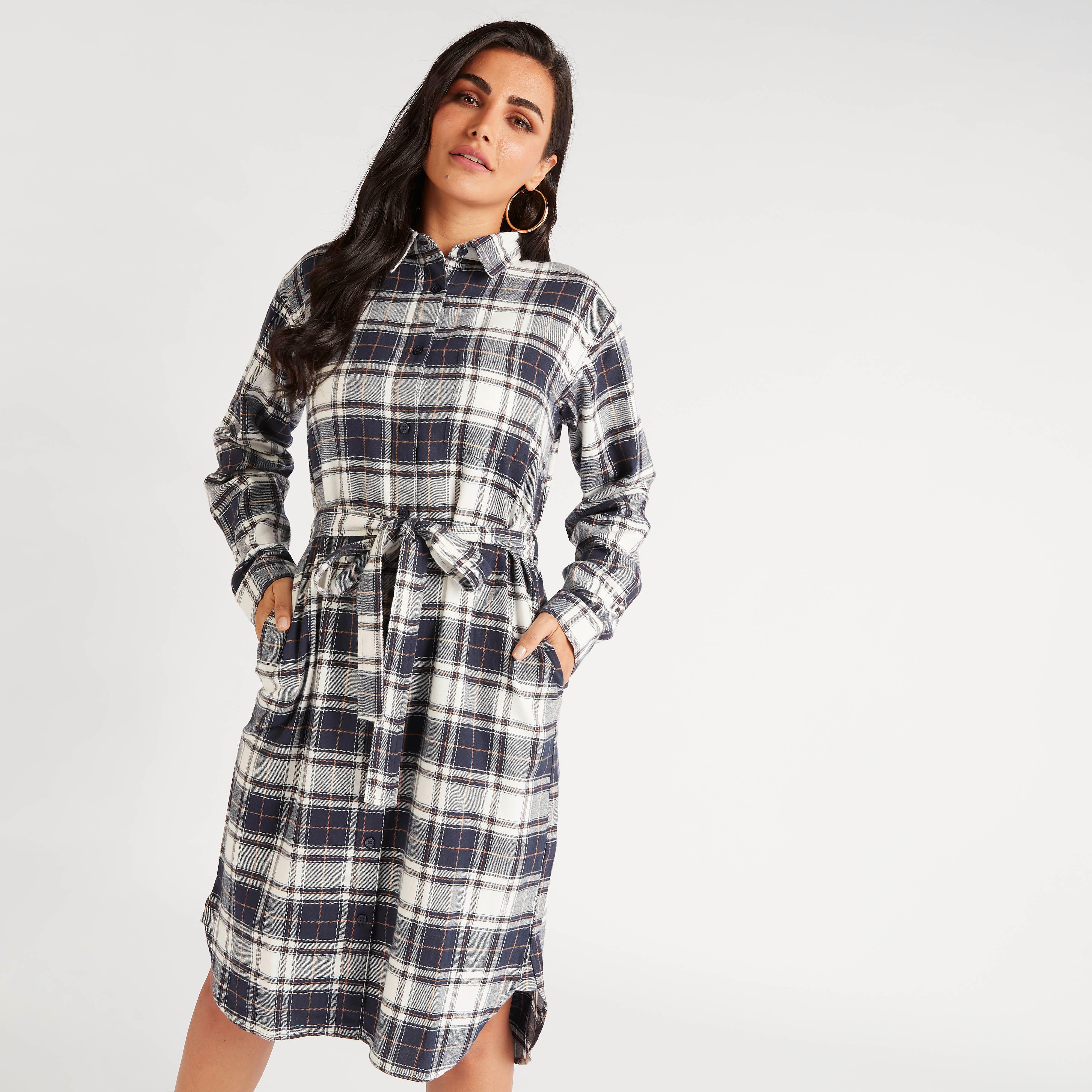 فستان قميص كاروهات ميدي برباط وياقة عادية-women-clothing-dresses-image-6
