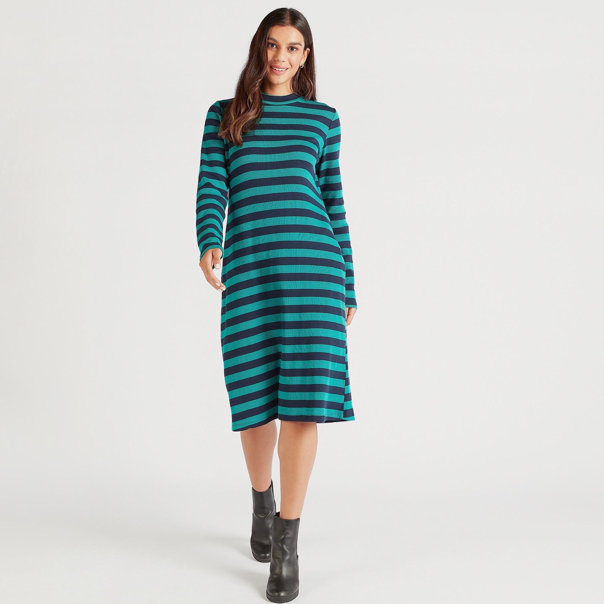 فستان ميدي مخطّط بياقة ضيقة وأكمام طويلة-women-clothing-dresses-image-2