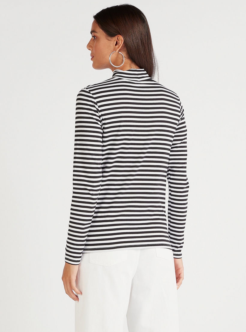 تيشيرت مخطّط بياقة عالية وأكمام طويلة-women-clothing-tshirts-image-1