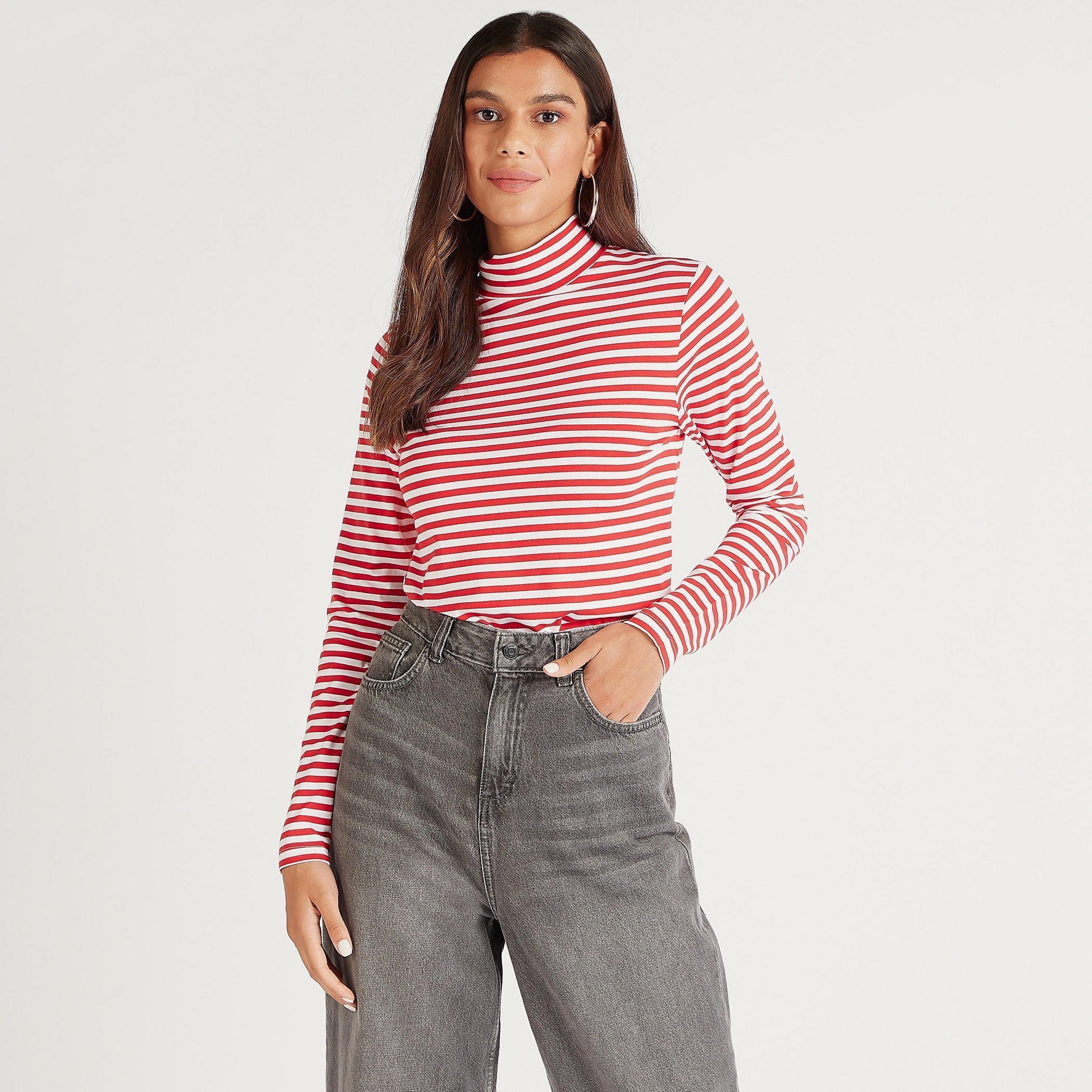 Striped High Neck T-shirt with Long Sleeves-women-clothing-tshirts-image-1
