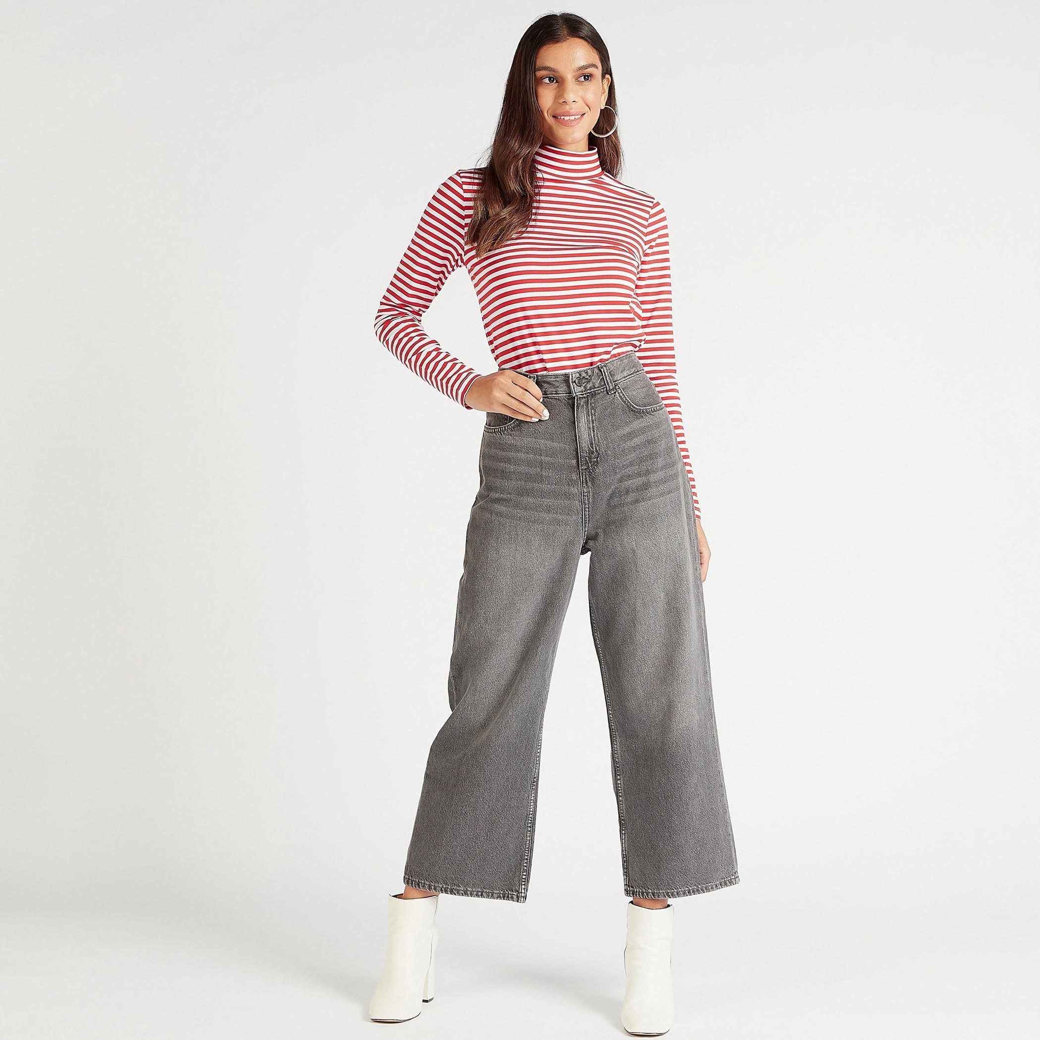 Striped High Neck T-shirt with Long Sleeves-women-clothing-tshirts-image-2