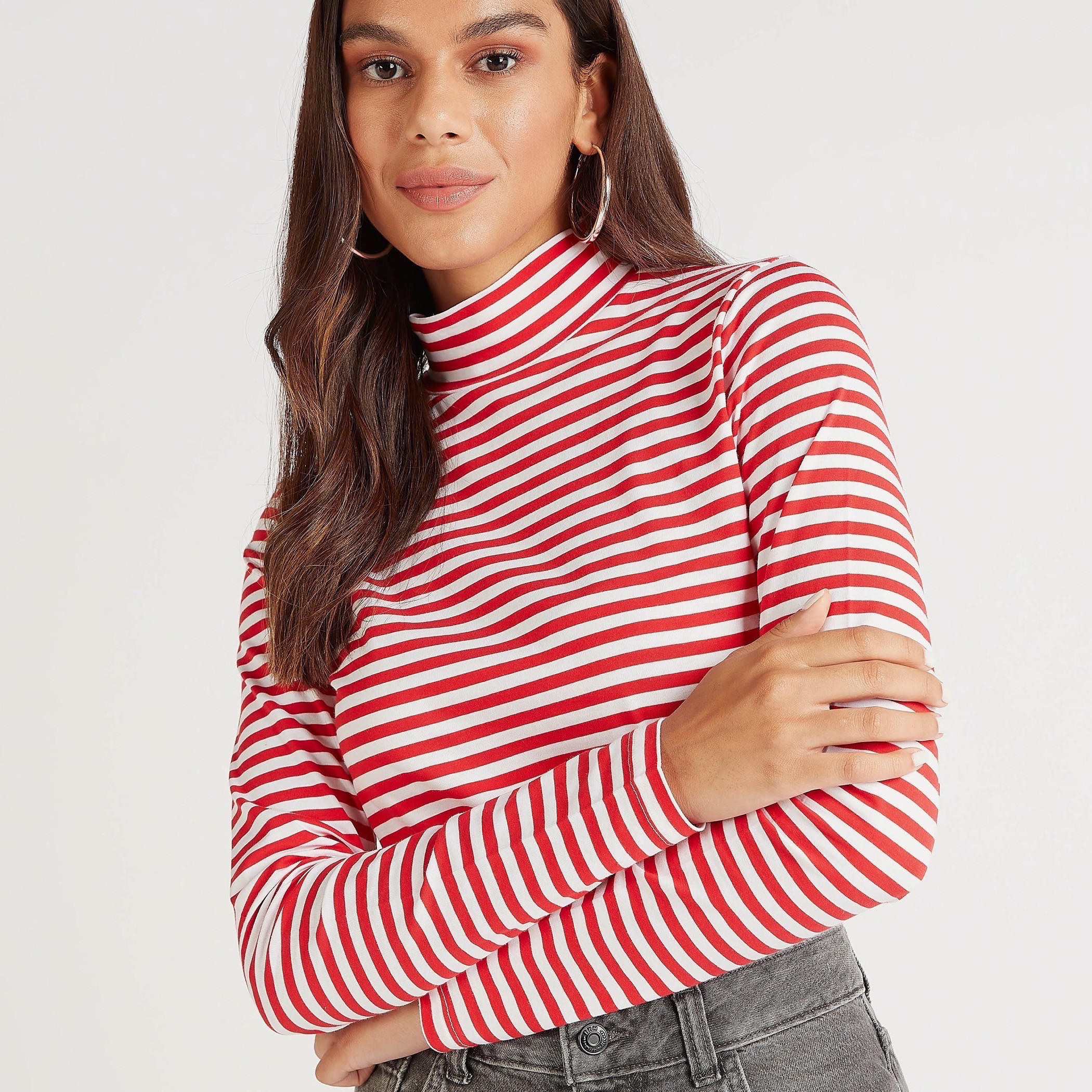 Striped High Neck T-shirt with Long Sleeves-women-clothing-tshirts-image-3