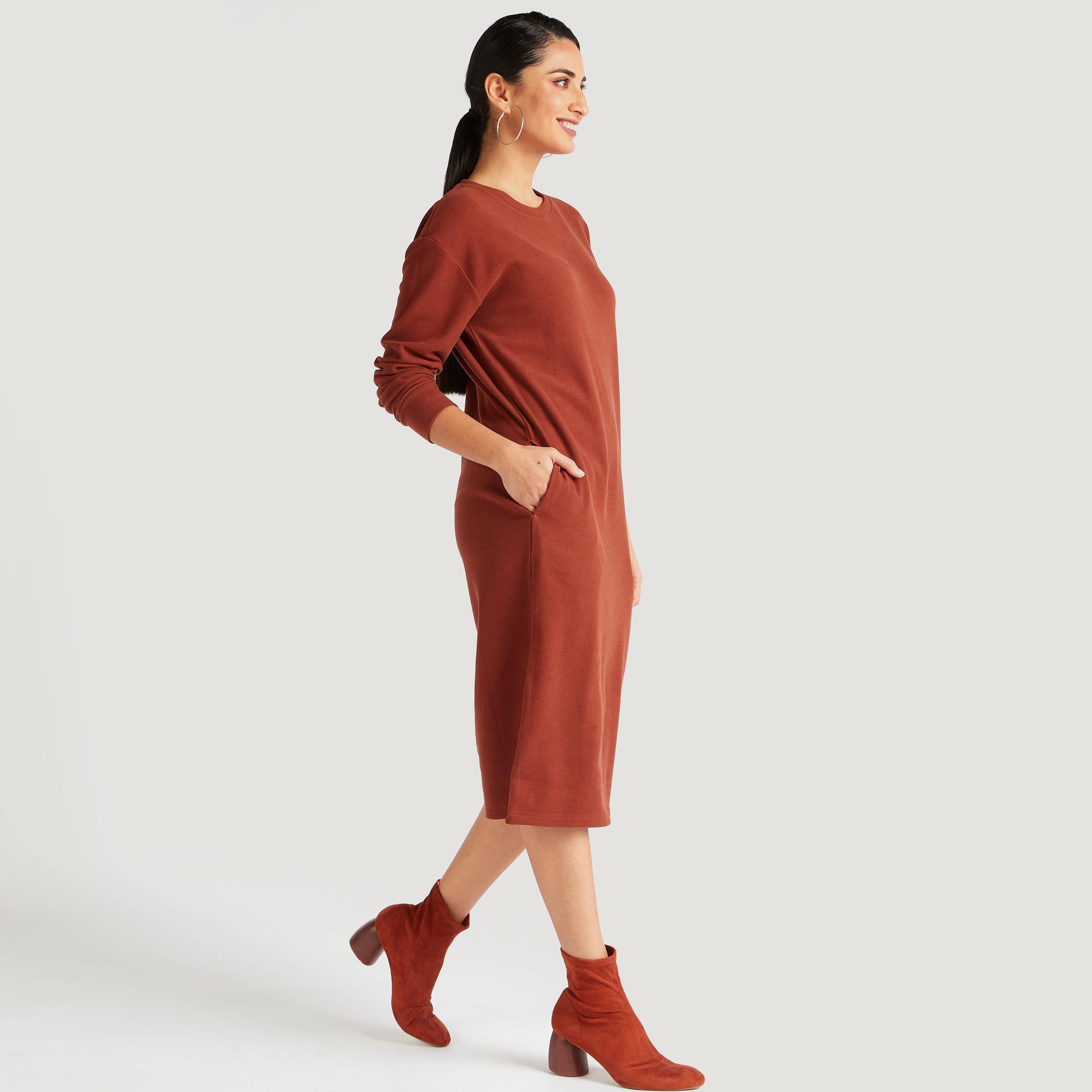 فستان واسع ميدي بارز الملمس بأكمام طويلة-women-clothing-dresses-image-4