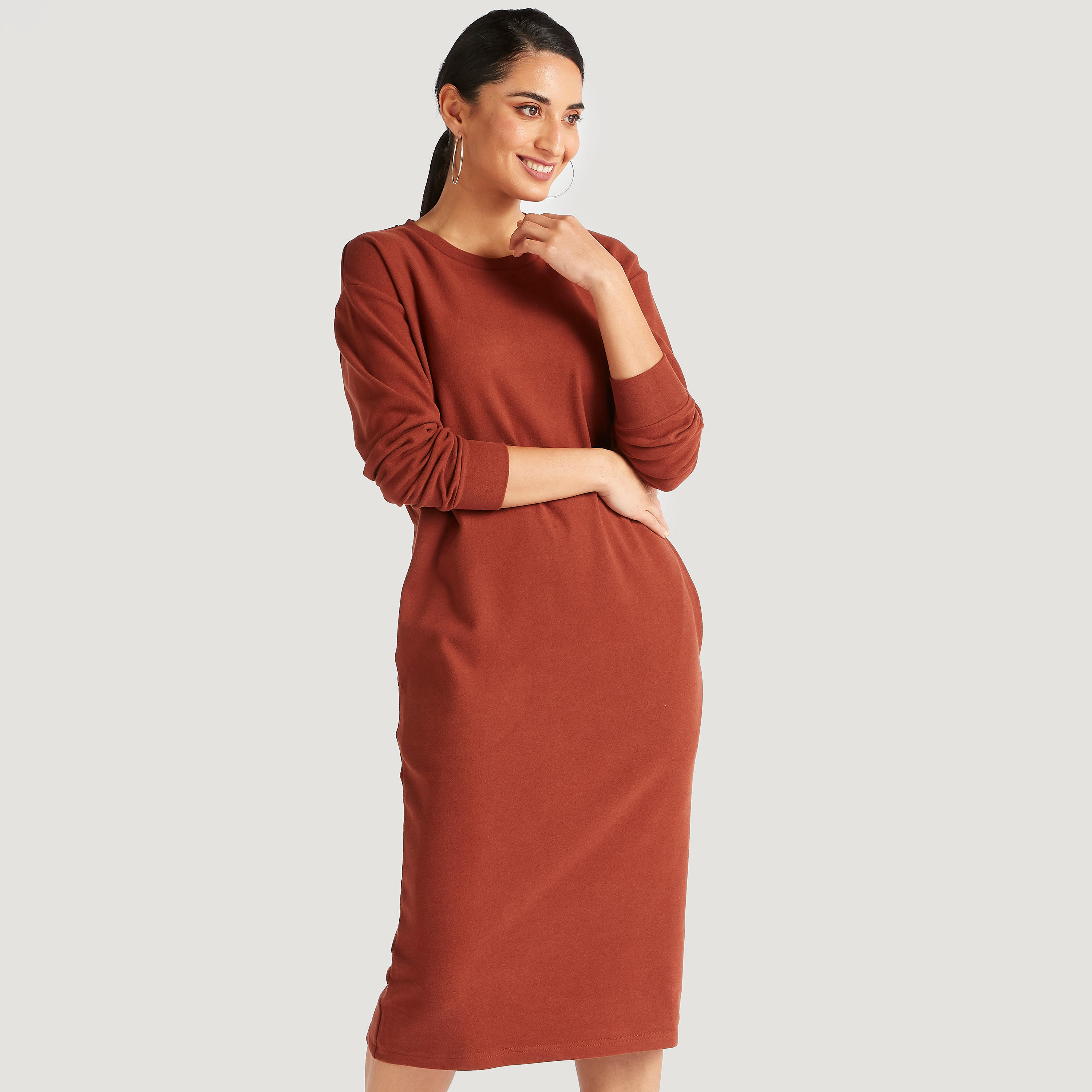 فستان واسع ميدي بارز الملمس بأكمام طويلة-women-clothing-dresses-image-3