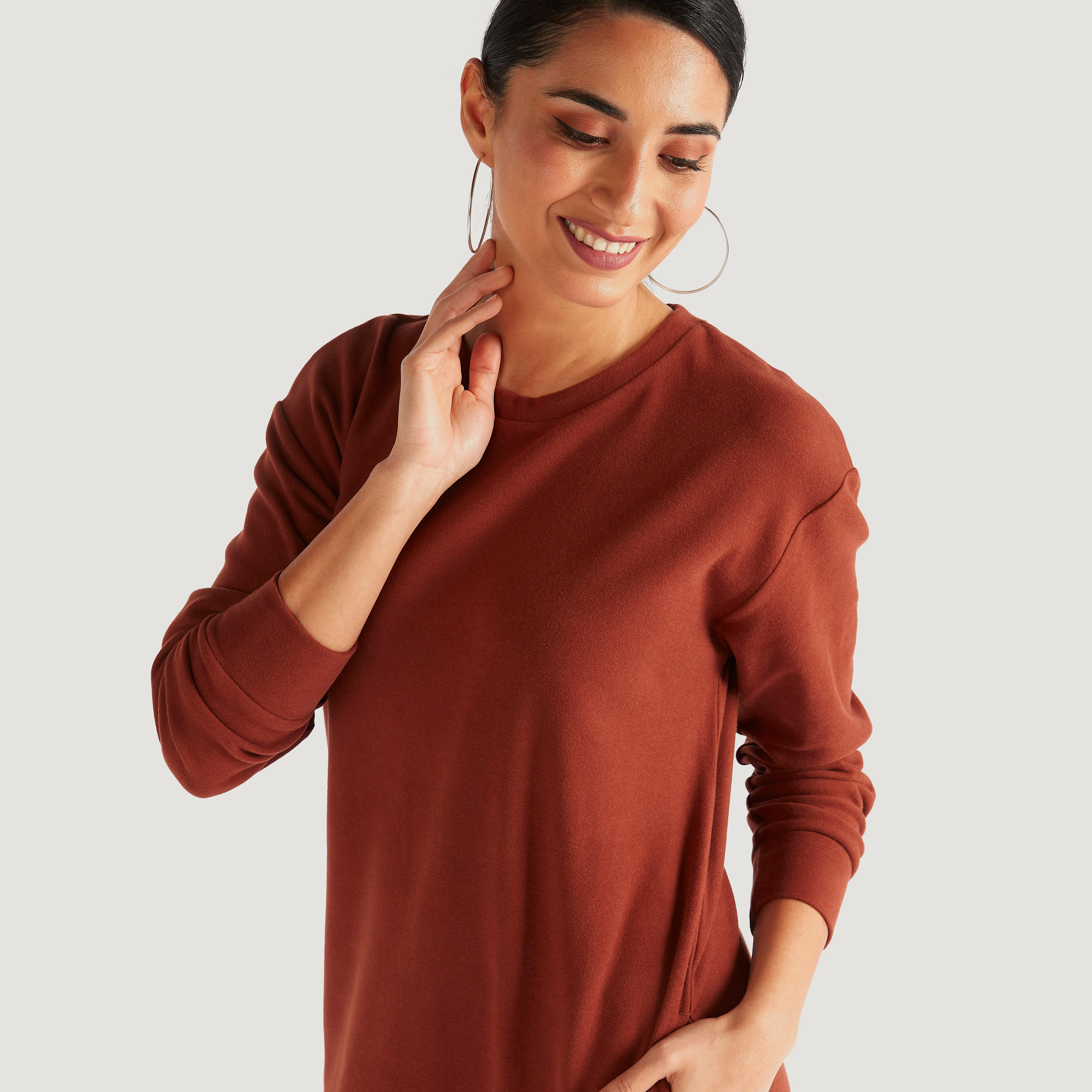 فستان واسع ميدي بارز الملمس بأكمام طويلة-women-clothing-dresses-image-1