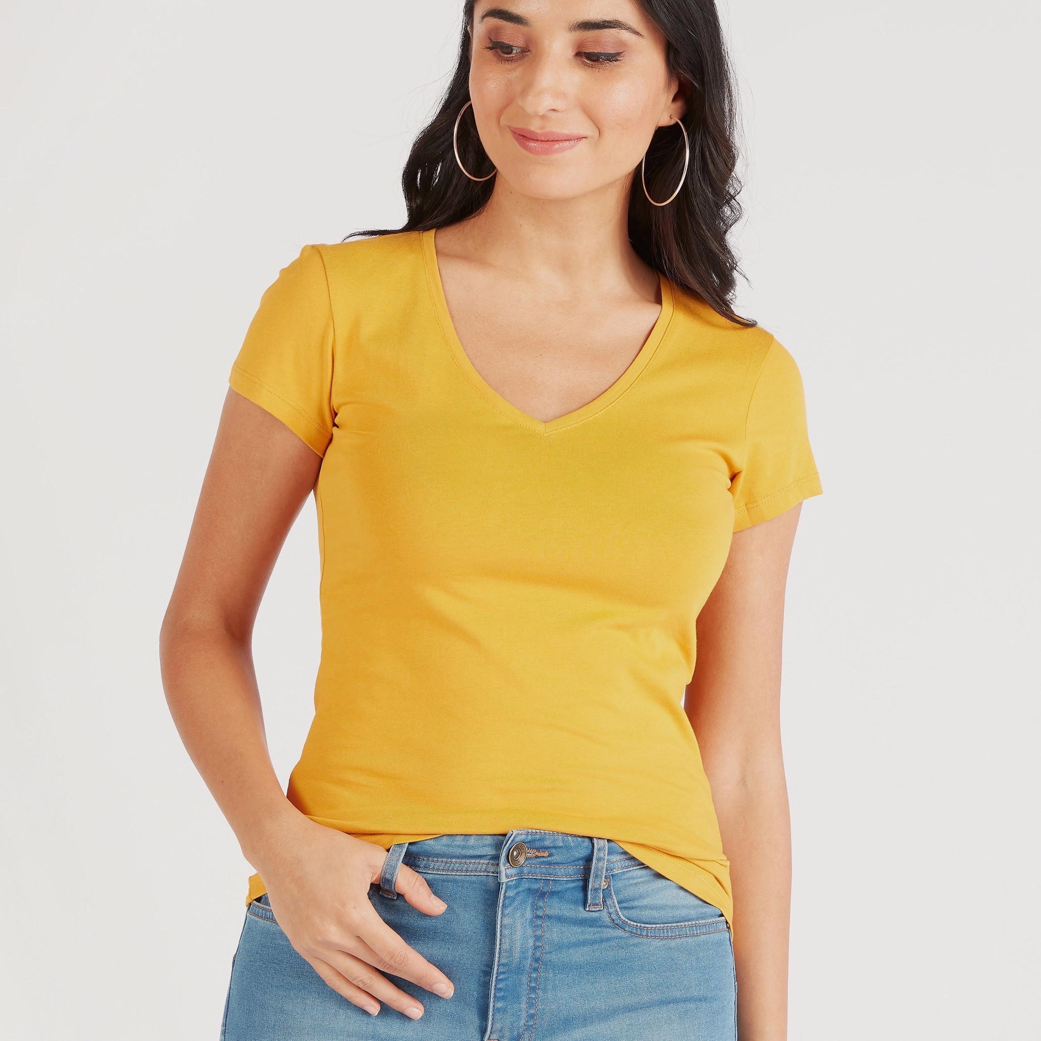 Solid V-neck T-shirt with Cap Sleeves-women-clothing-tshirts-image-3