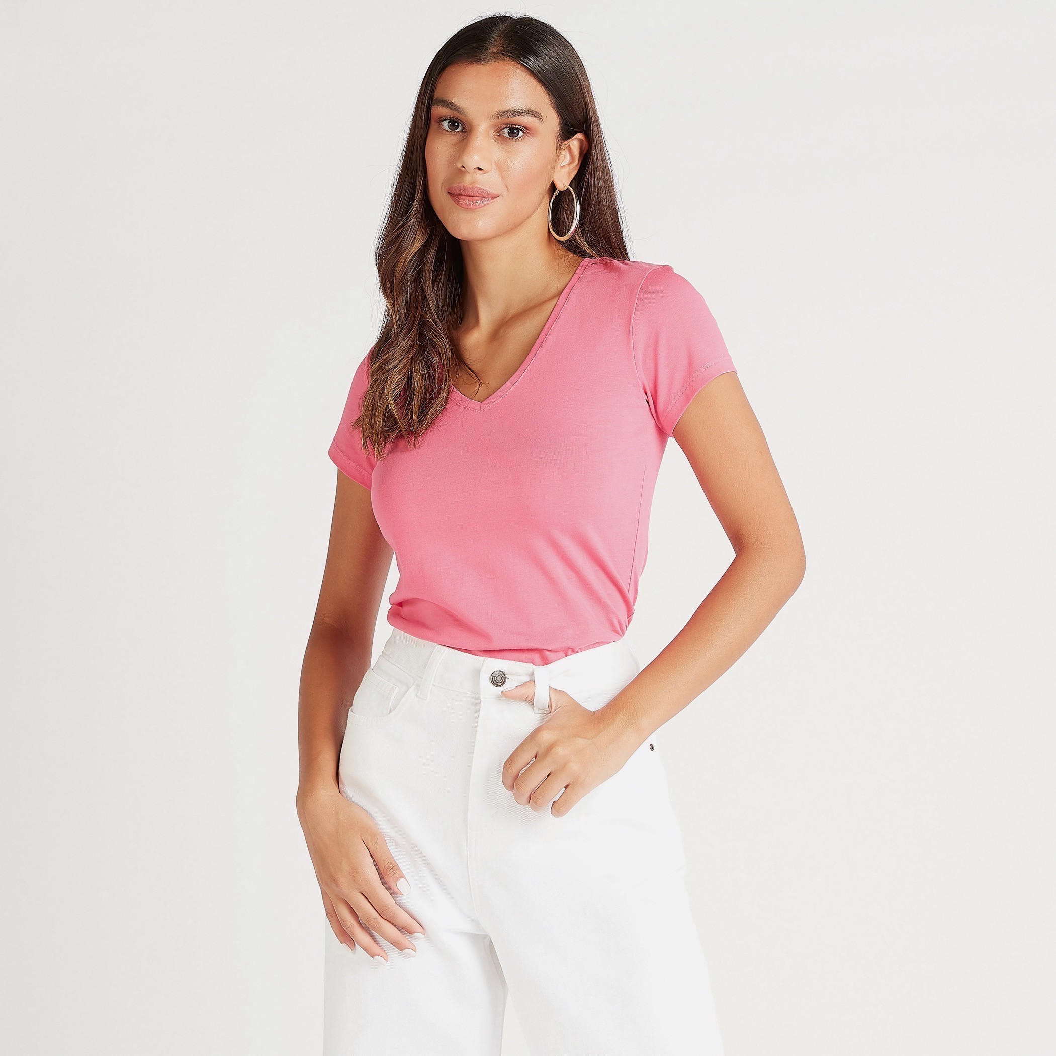 تيشيرت سادة بياقة V وأكمام كاب-women-clothing-tshirts-image-1