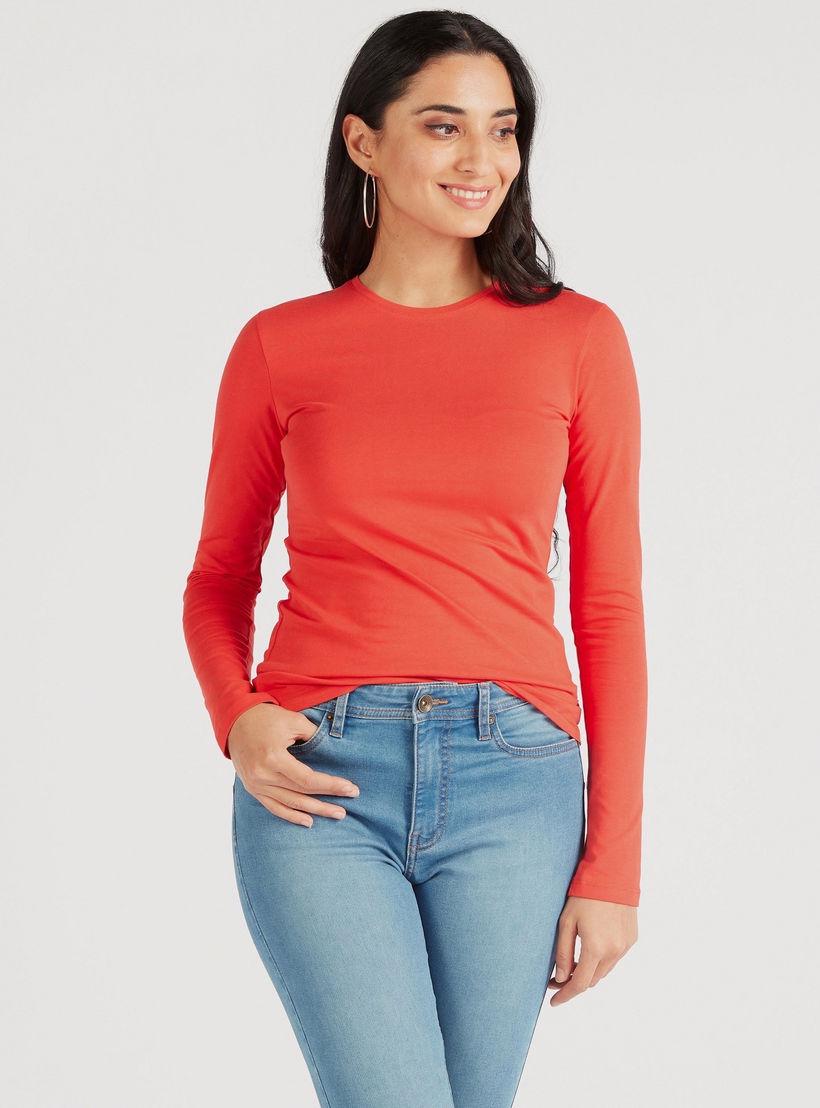 Solid Crew Neck T-shirt with Long Sleeves-women-clothing-tshirts-image-1