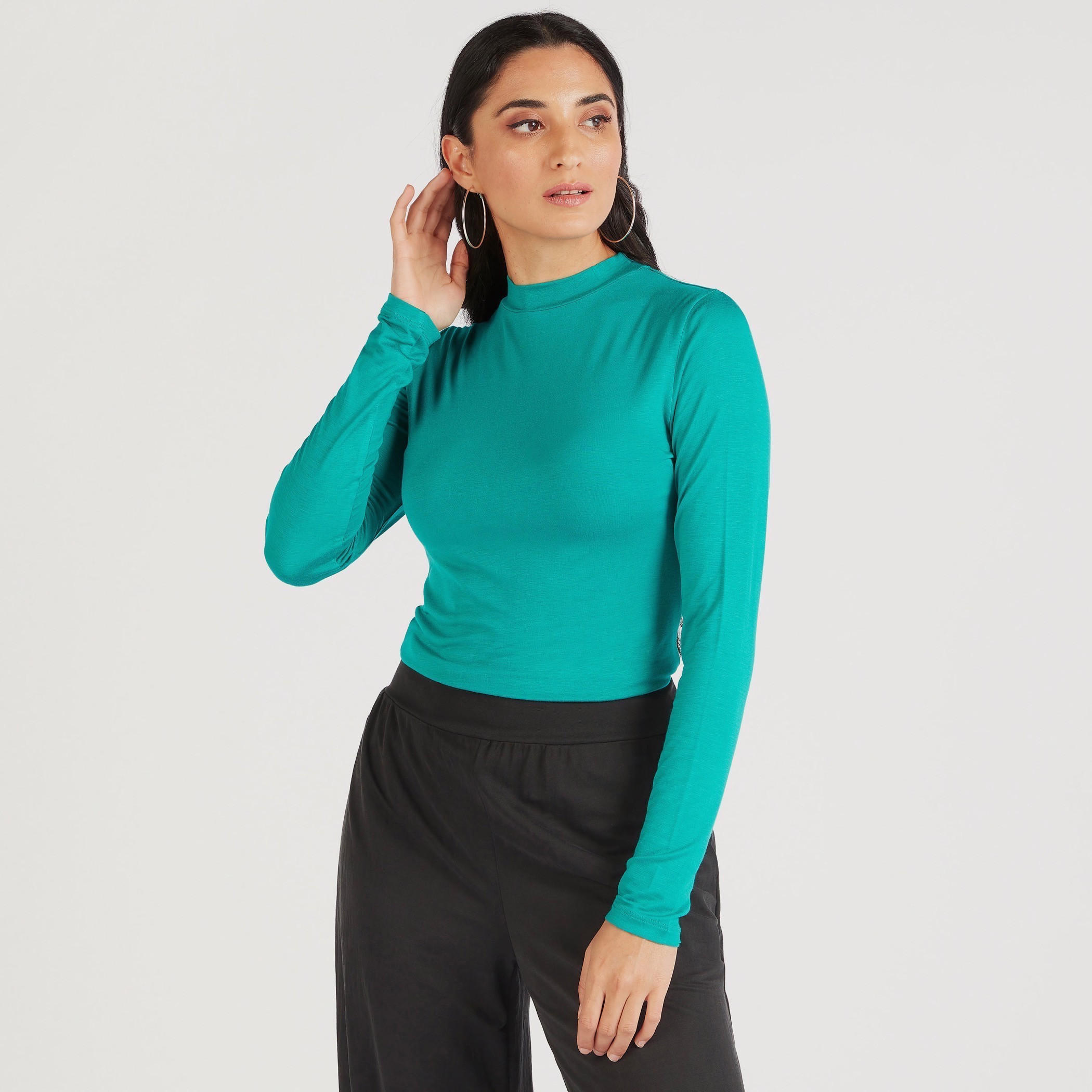 Solid High Neck T-shirt with Long Sleeves-women-clothing-tshirts-image-1