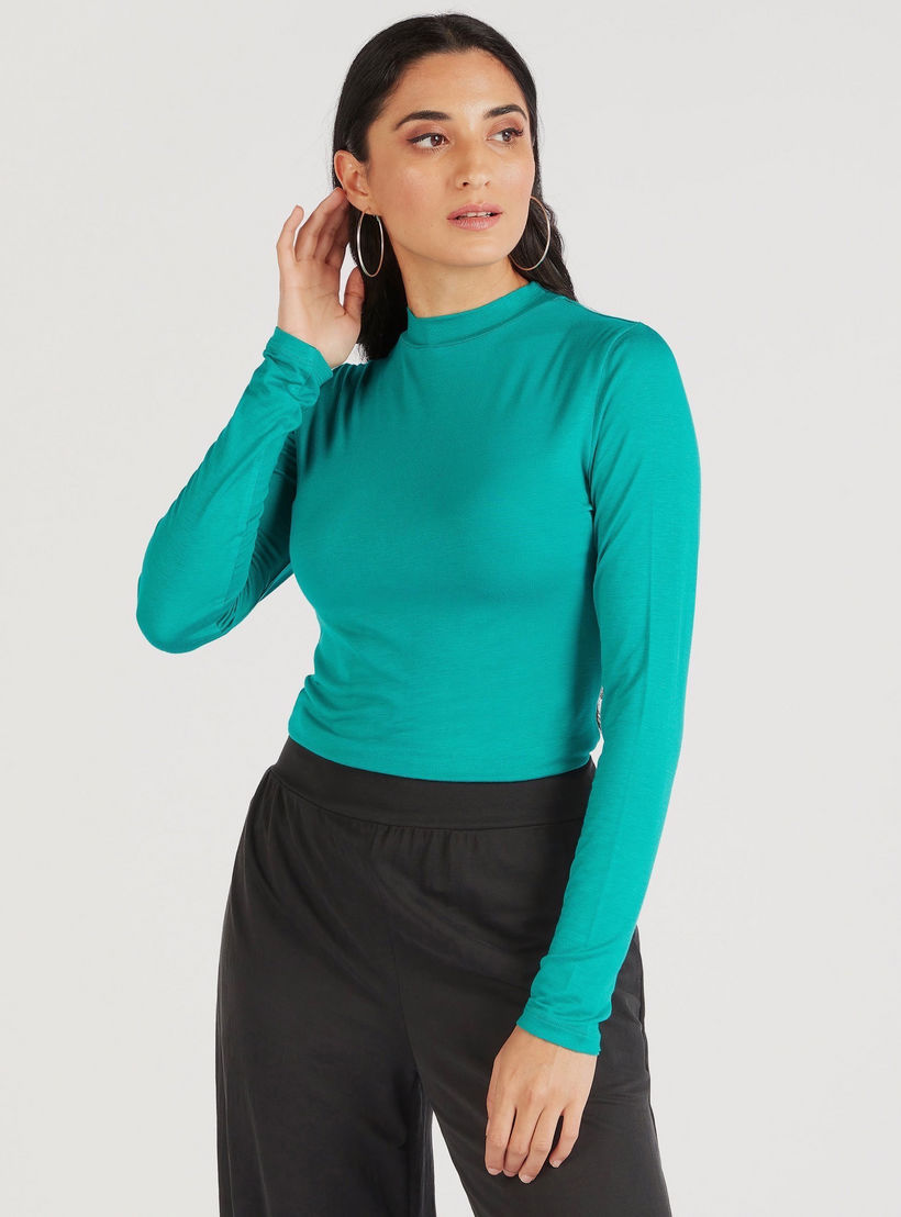 Solid High Neck T-shirt with Long Sleeves-women-clothing-tshirts-image-1