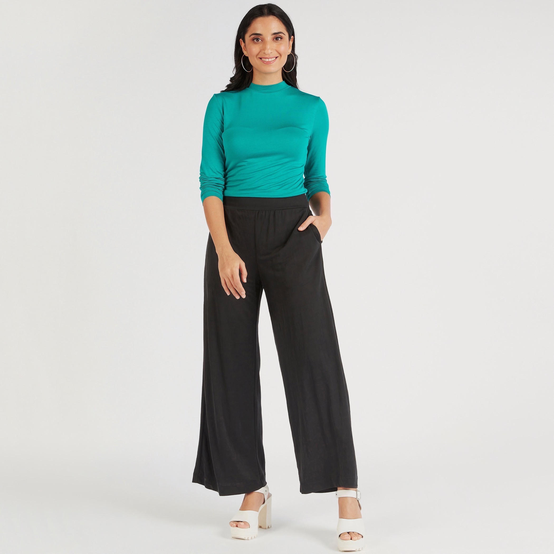 Solid High Neck T-shirt with Long Sleeves-women-clothing-tshirts-image-2